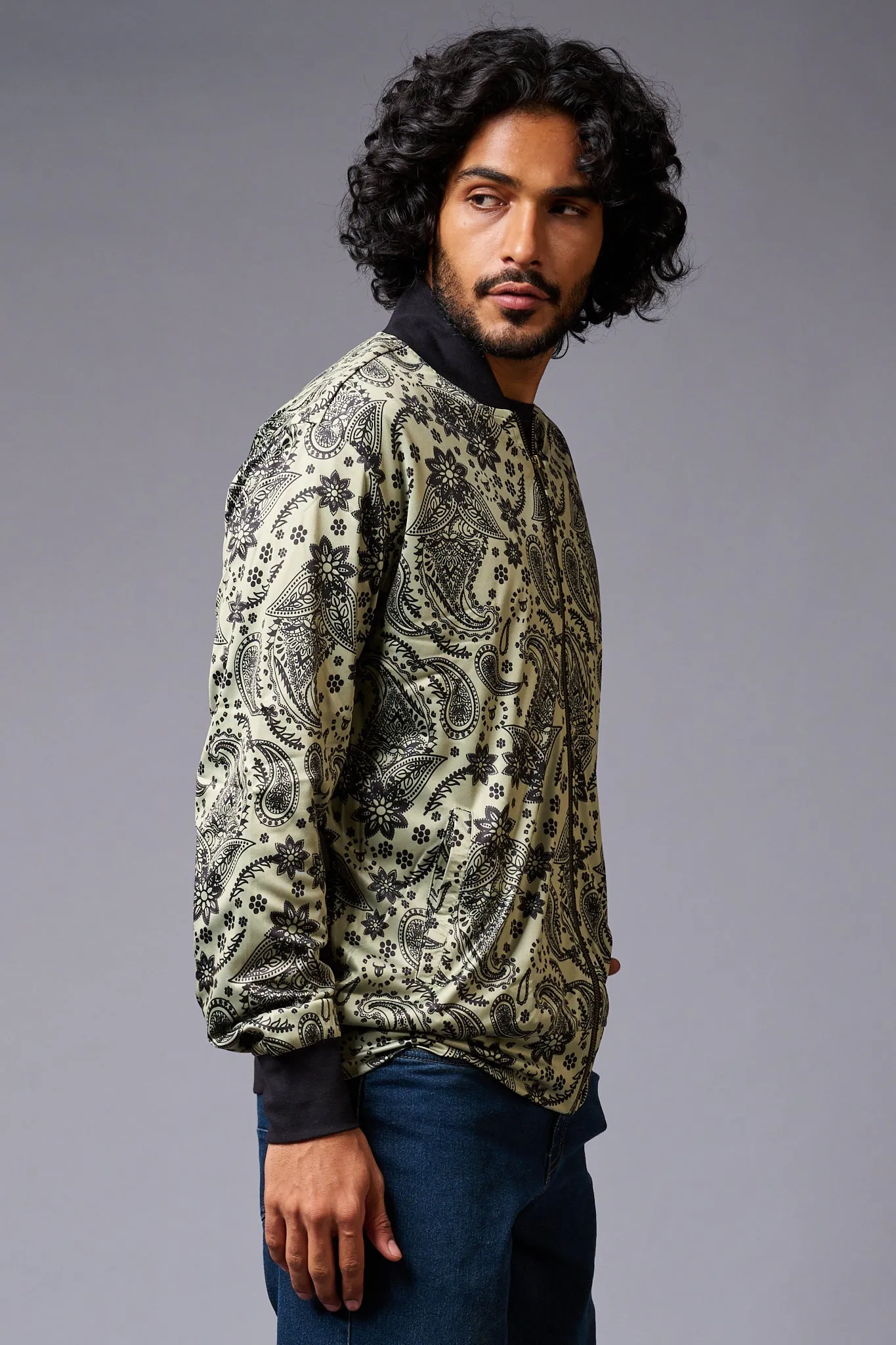 Paisely Design Printed Green Bomber Jacket for Men