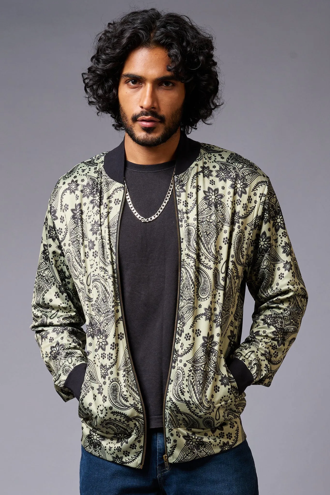 Paisely Design Printed Green Bomber Jacket for Men