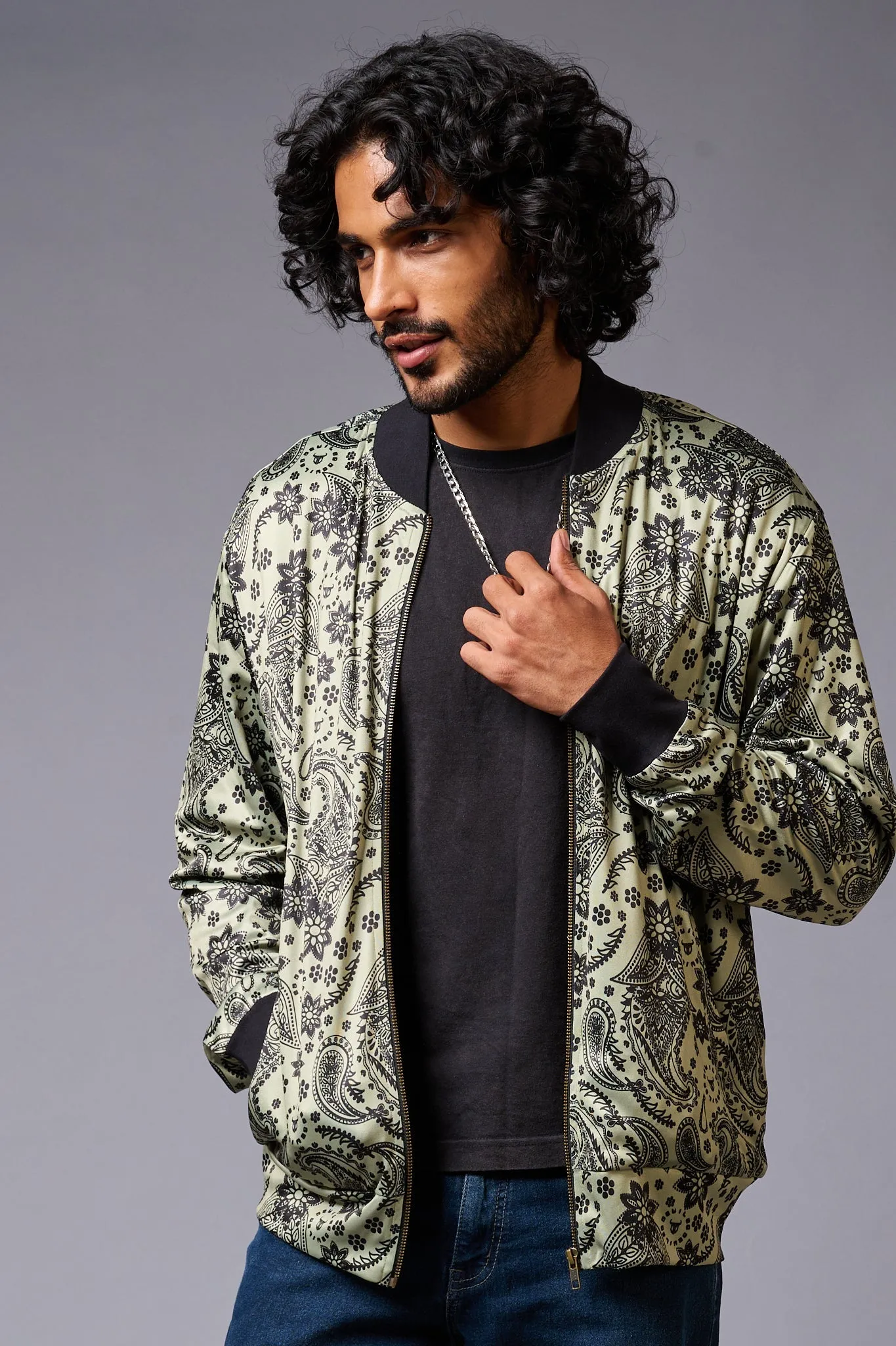 Paisely Design Printed Green Bomber Jacket for Men