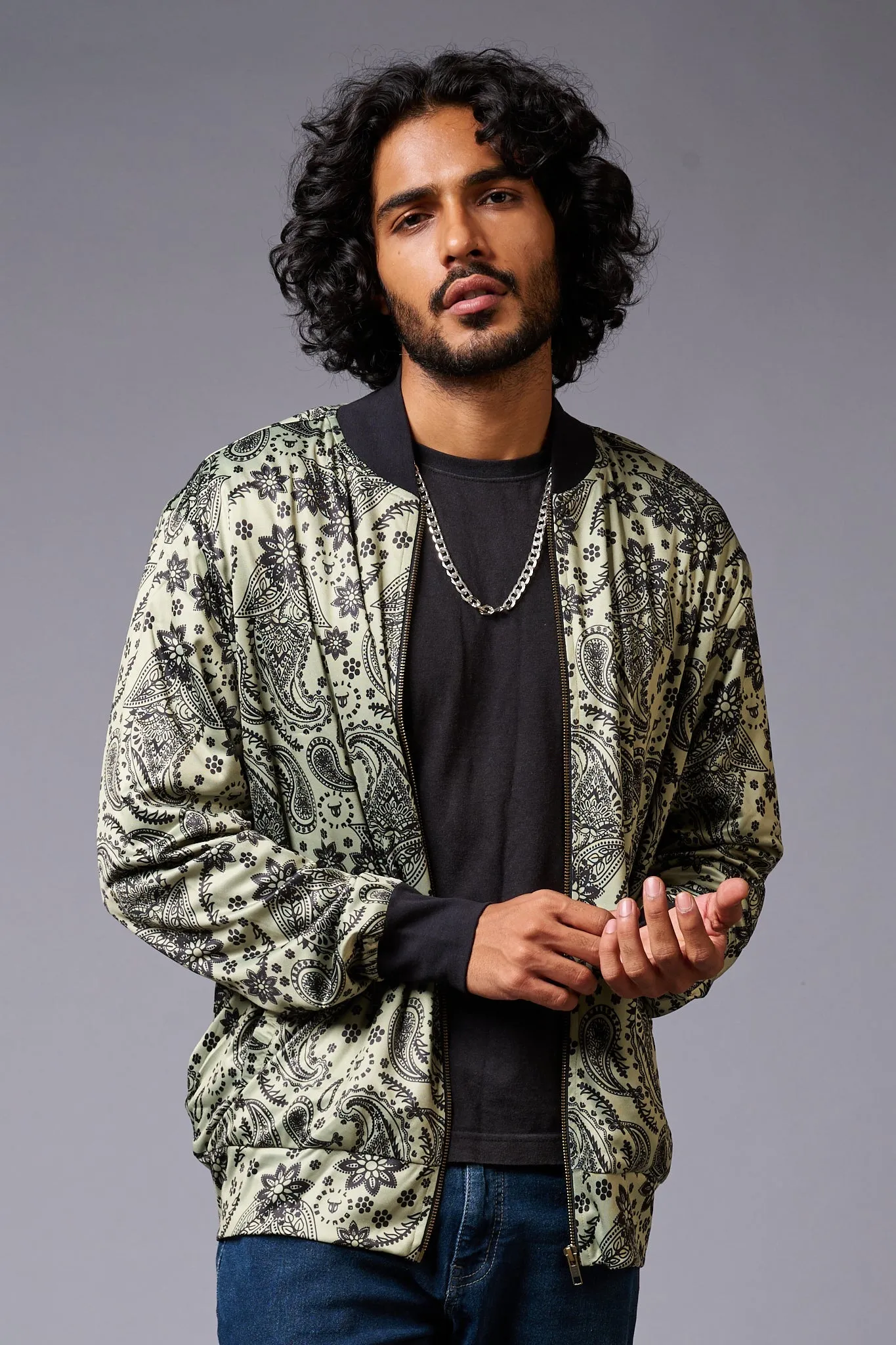 Paisely Design Printed Green Bomber Jacket for Men