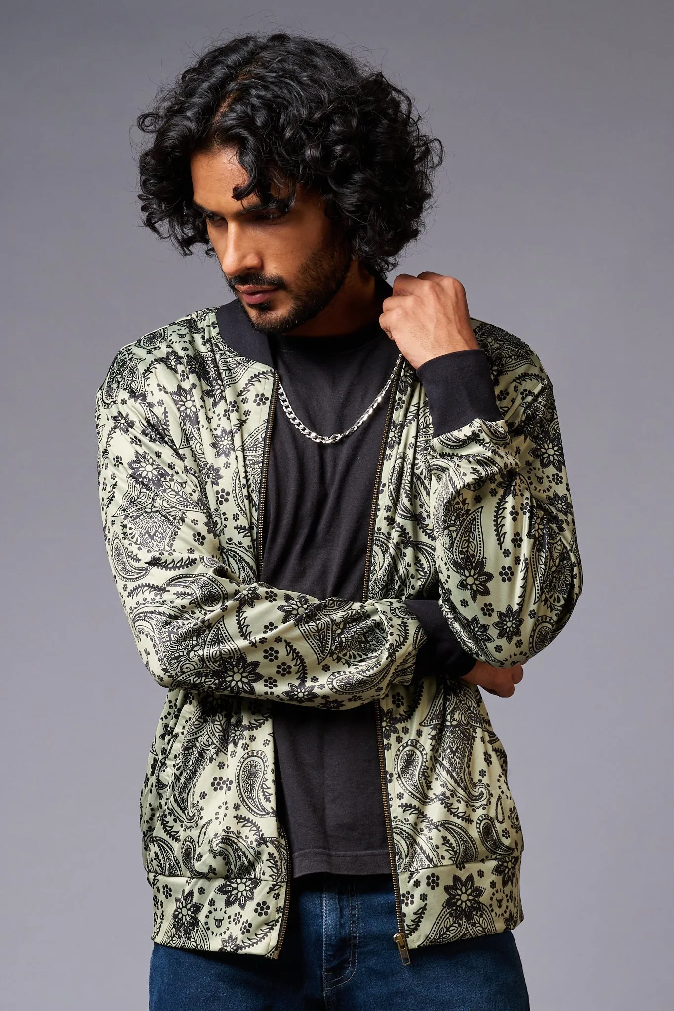 Paisely Design Printed Green Bomber Jacket for Men