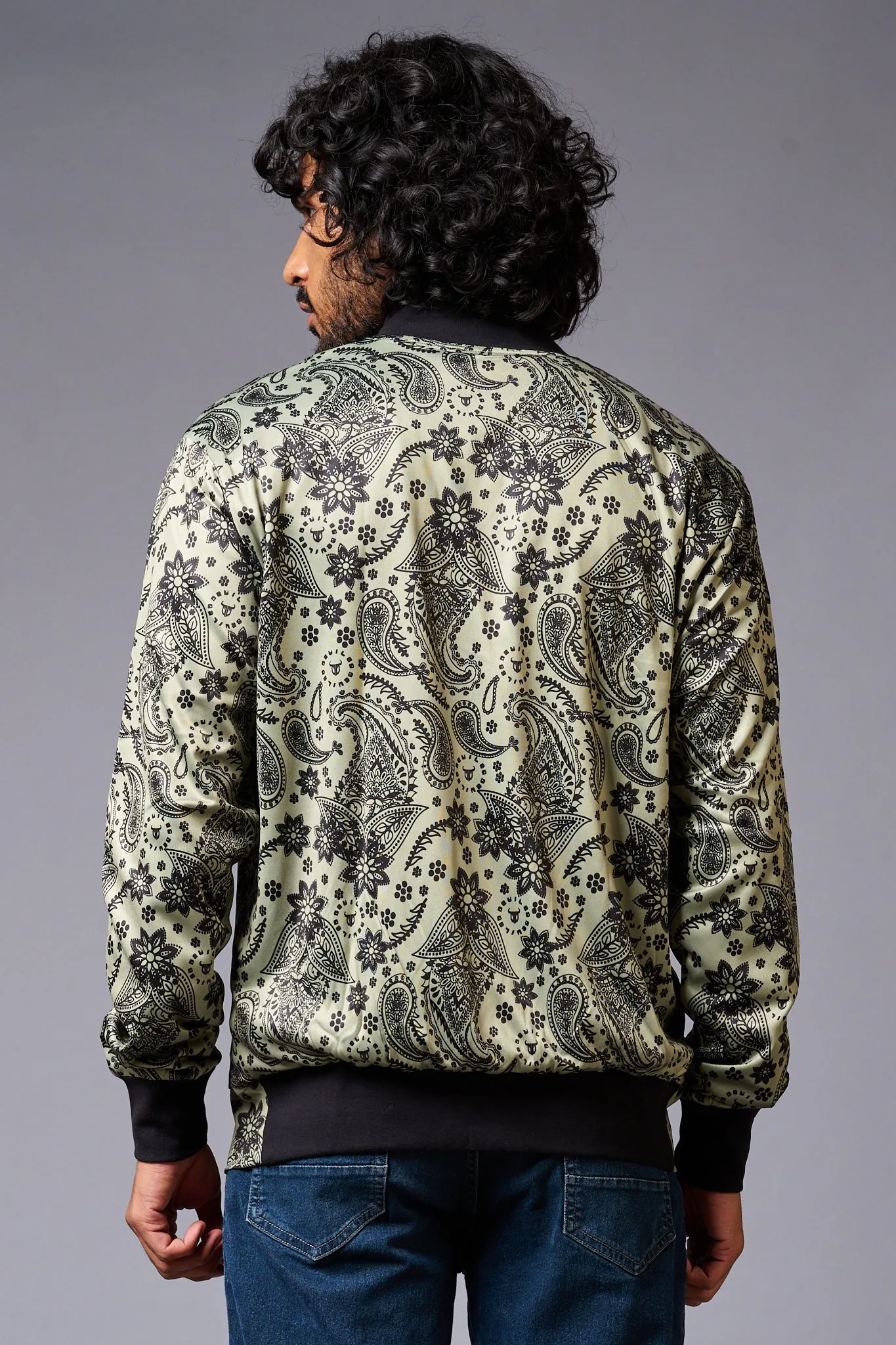 Paisely Design Printed Green Bomber Jacket for Men