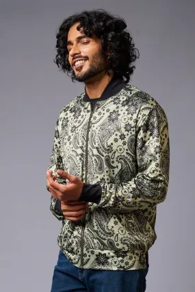 Paisely Design Printed Green Bomber Jacket for Men