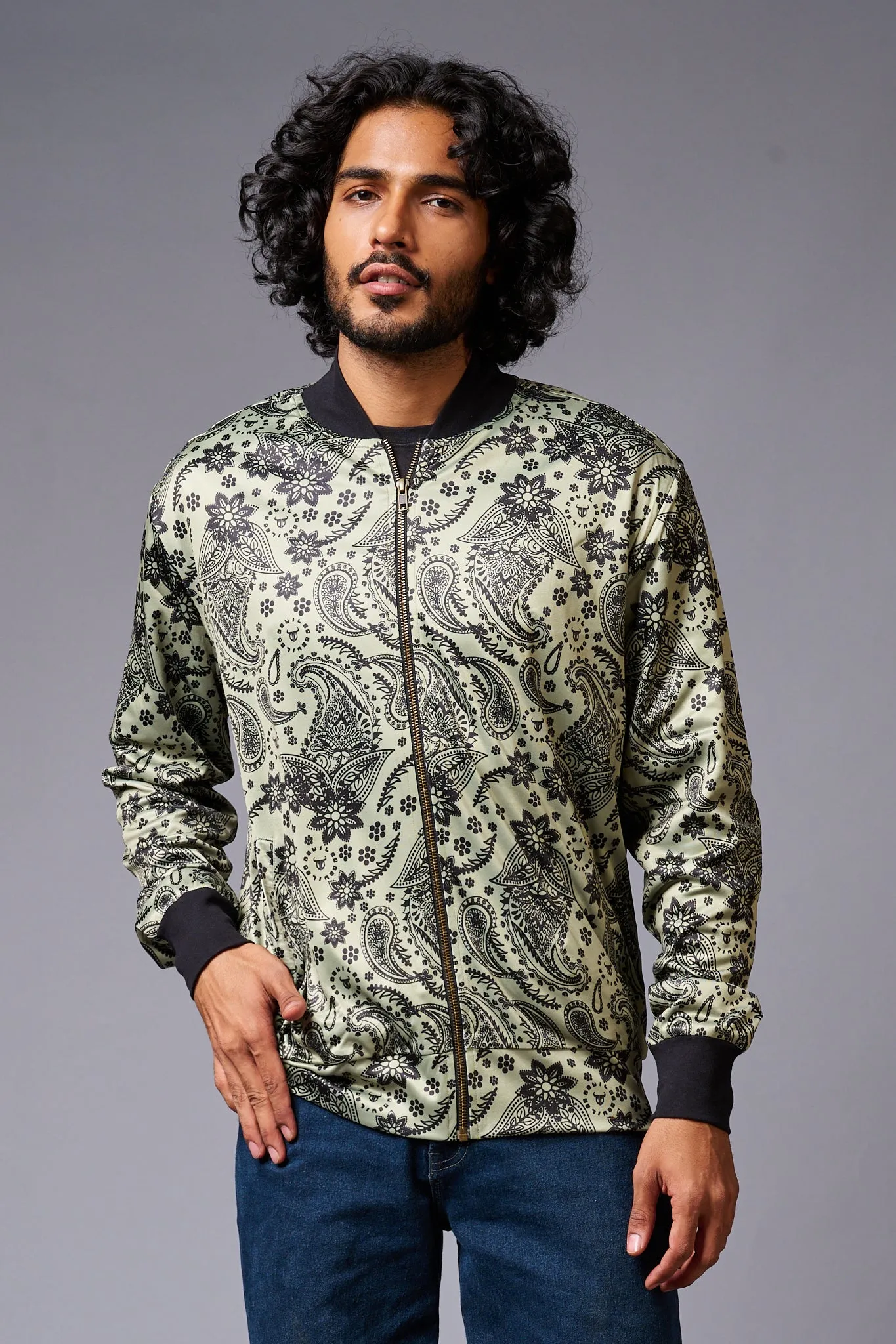 Paisely Design Printed Green Bomber Jacket for Men