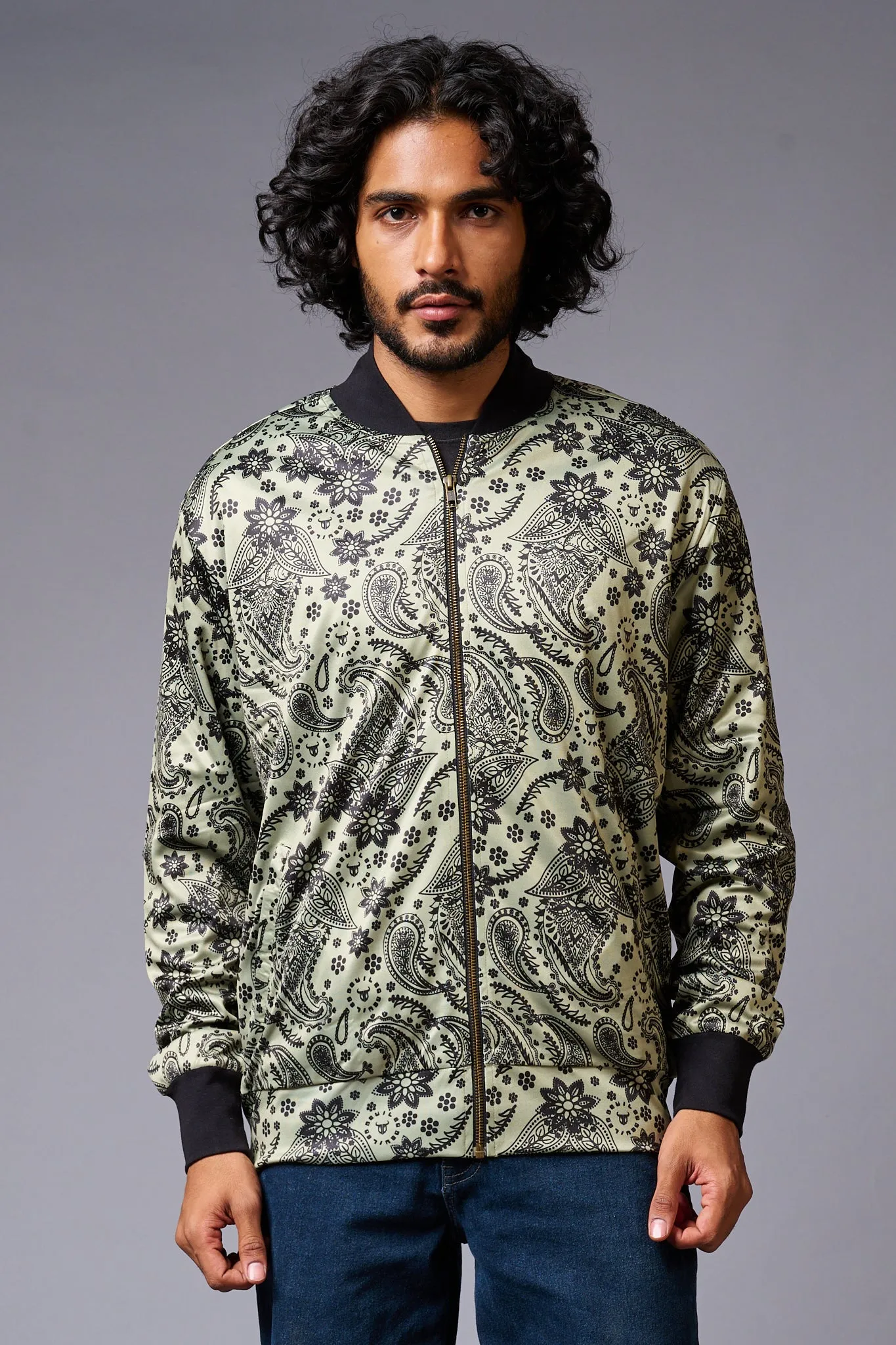 Paisely Design Printed Green Bomber Jacket for Men