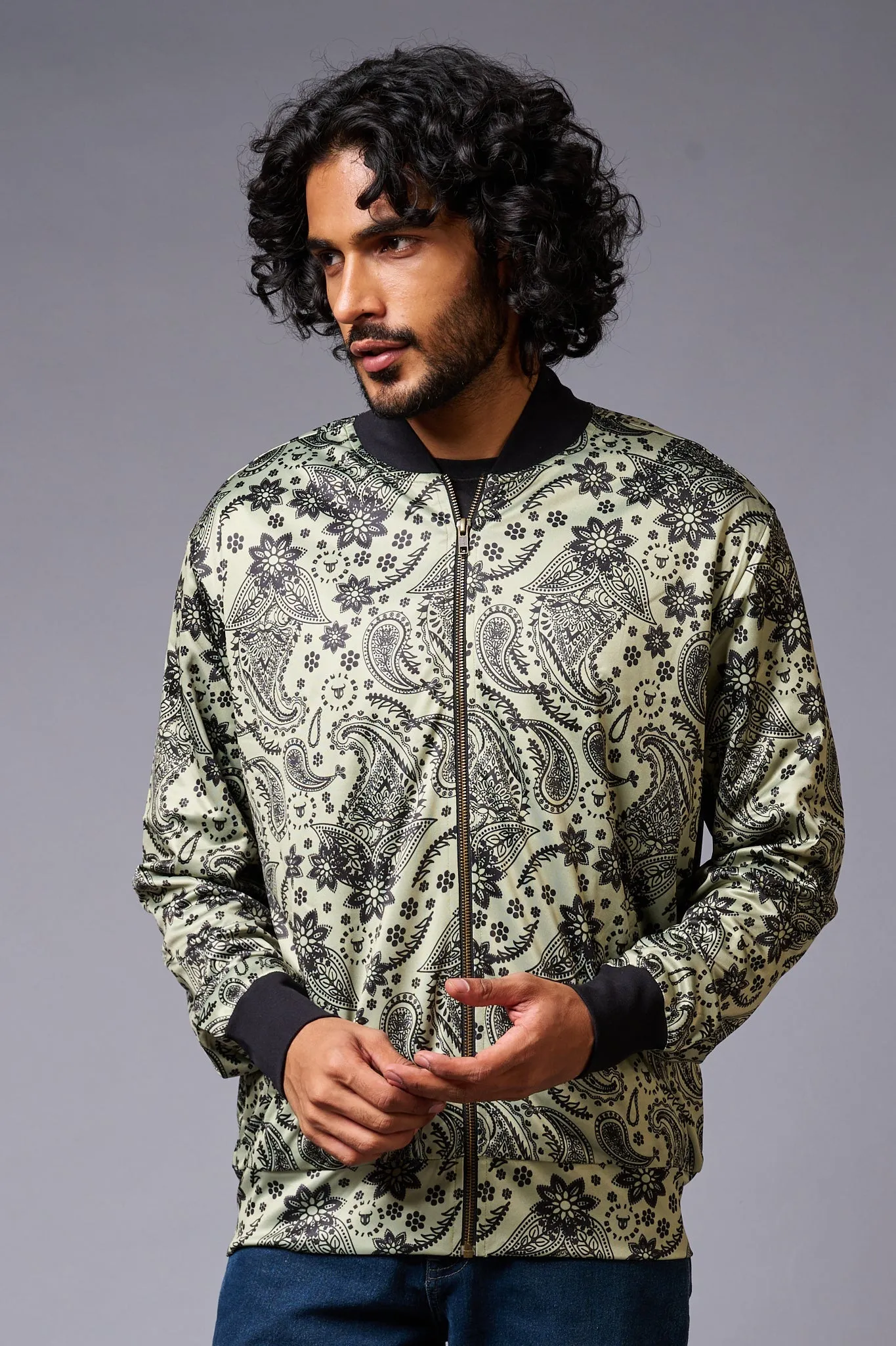 Paisely Design Printed Green Bomber Jacket for Men