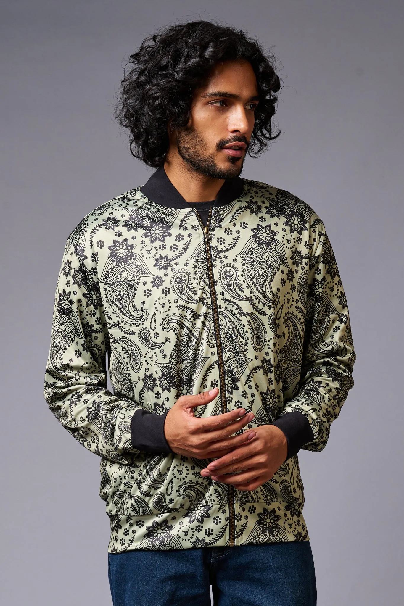 Paisely Design Printed Green Bomber Jacket for Men