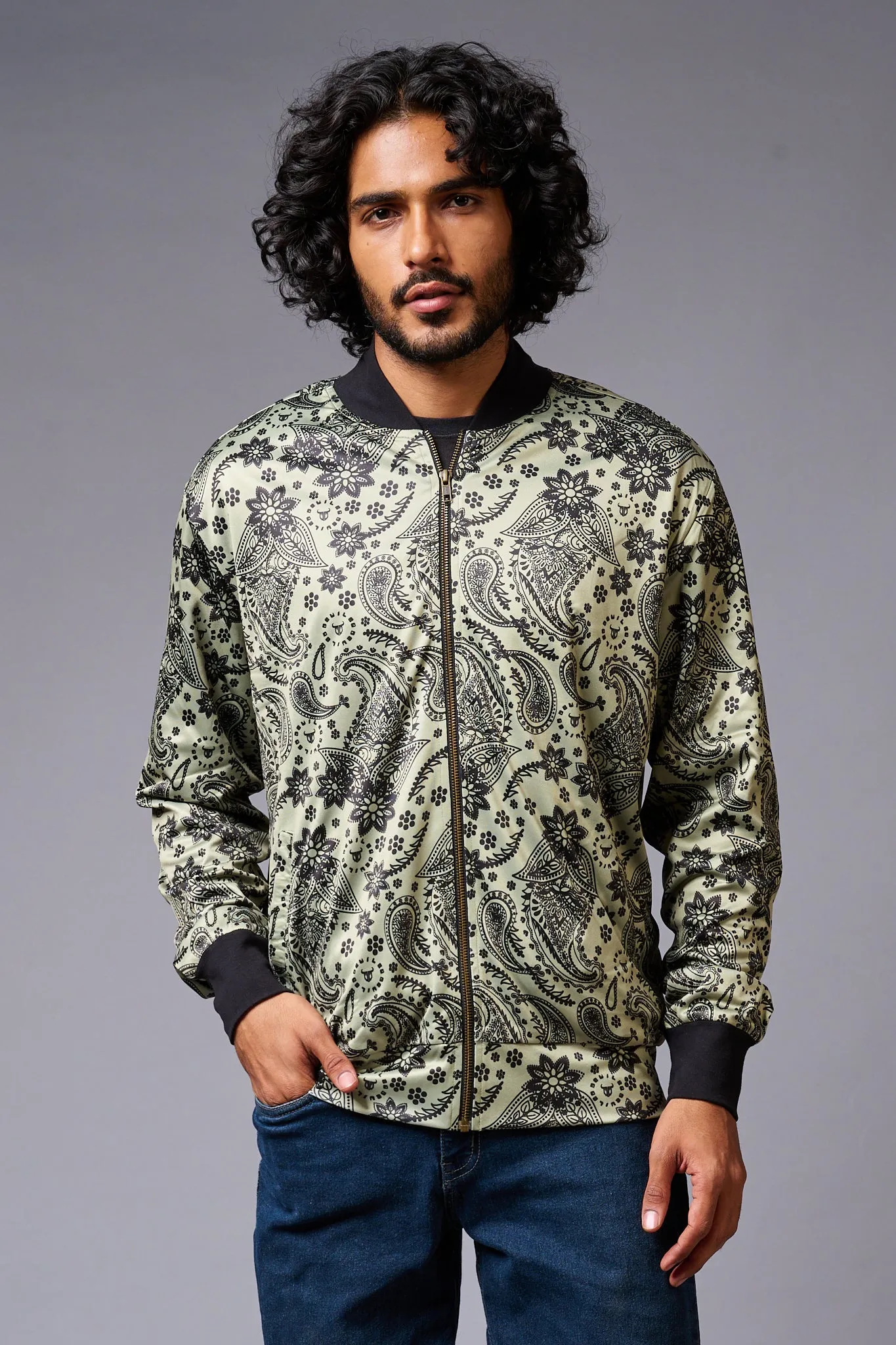 Paisely Design Printed Green Bomber Jacket for Men