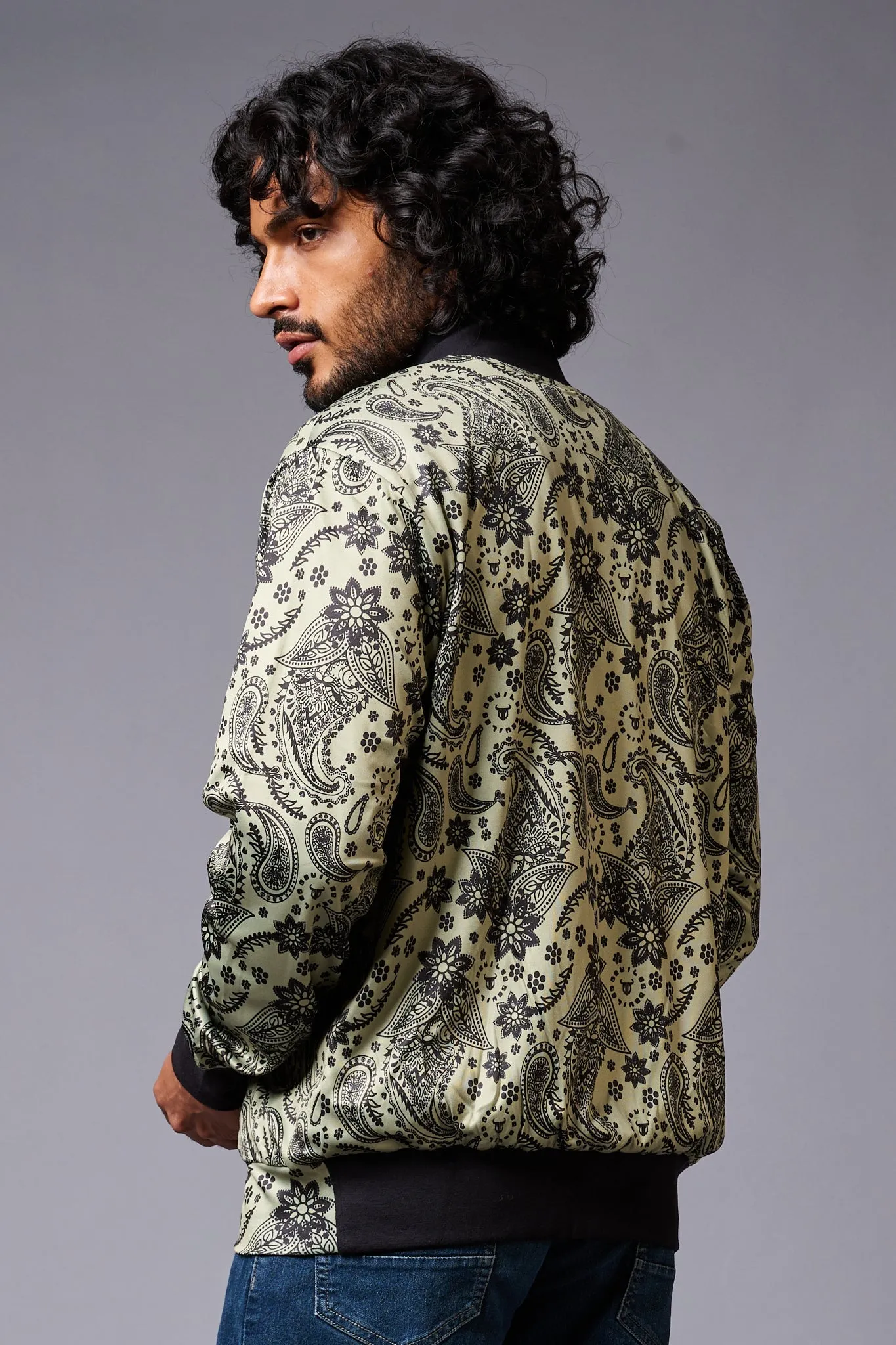 Paisely Design Printed Green Bomber Jacket for Men