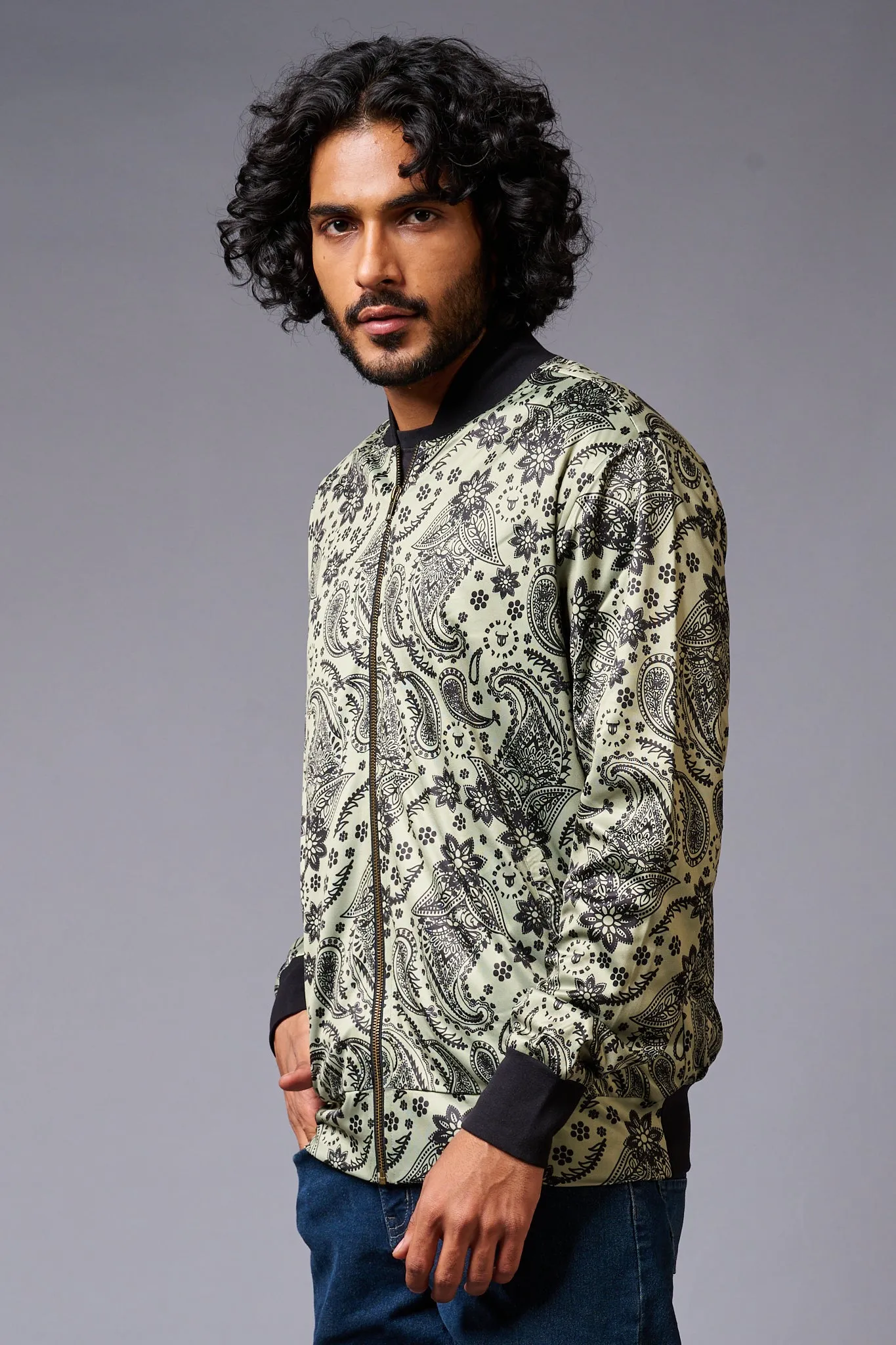 Paisely Design Printed Green Bomber Jacket for Men