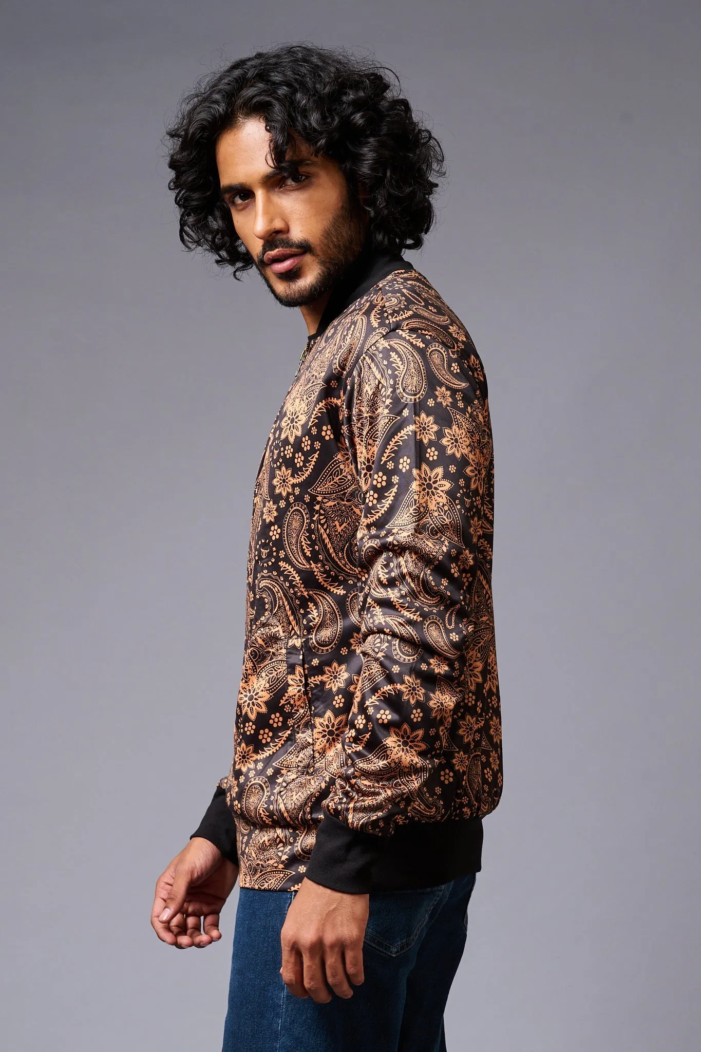 Paisely Design Printed (in brown) Black Bomber Jacket for Men