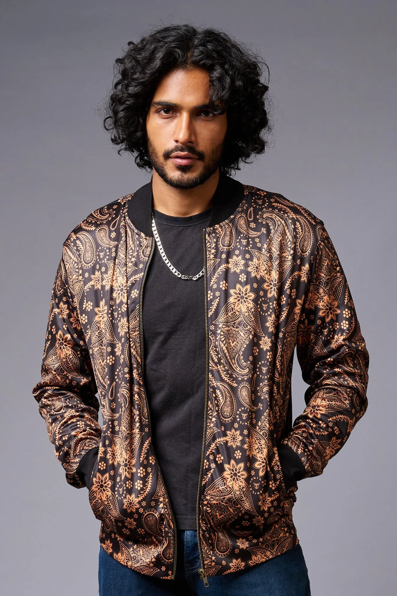 Paisely Design Printed (in brown) Black Bomber Jacket for Men