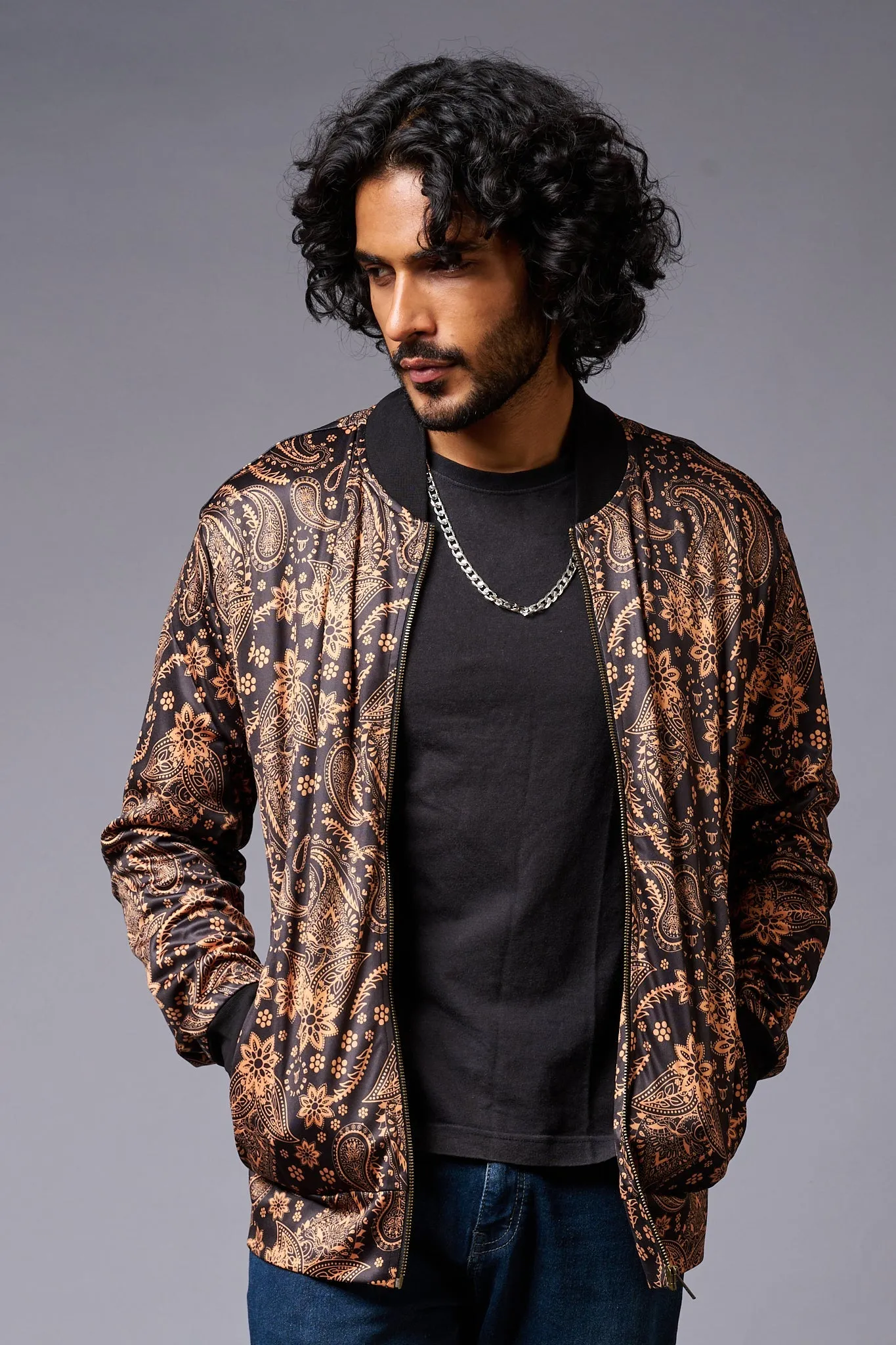 Paisely Design Printed (in brown) Black Bomber Jacket for Men