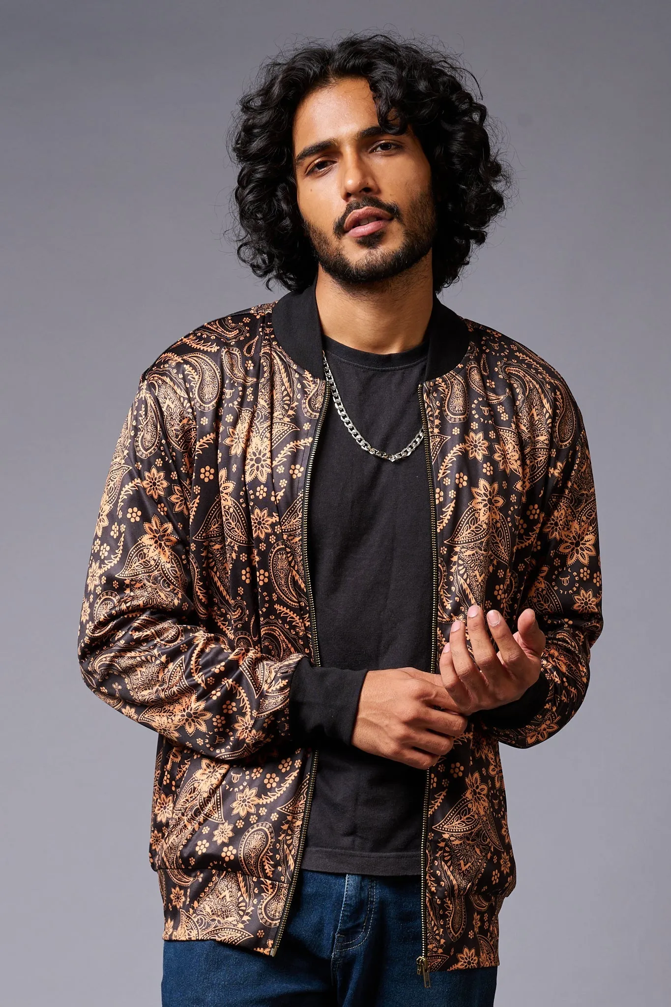 Paisely Design Printed (in brown) Black Bomber Jacket for Men