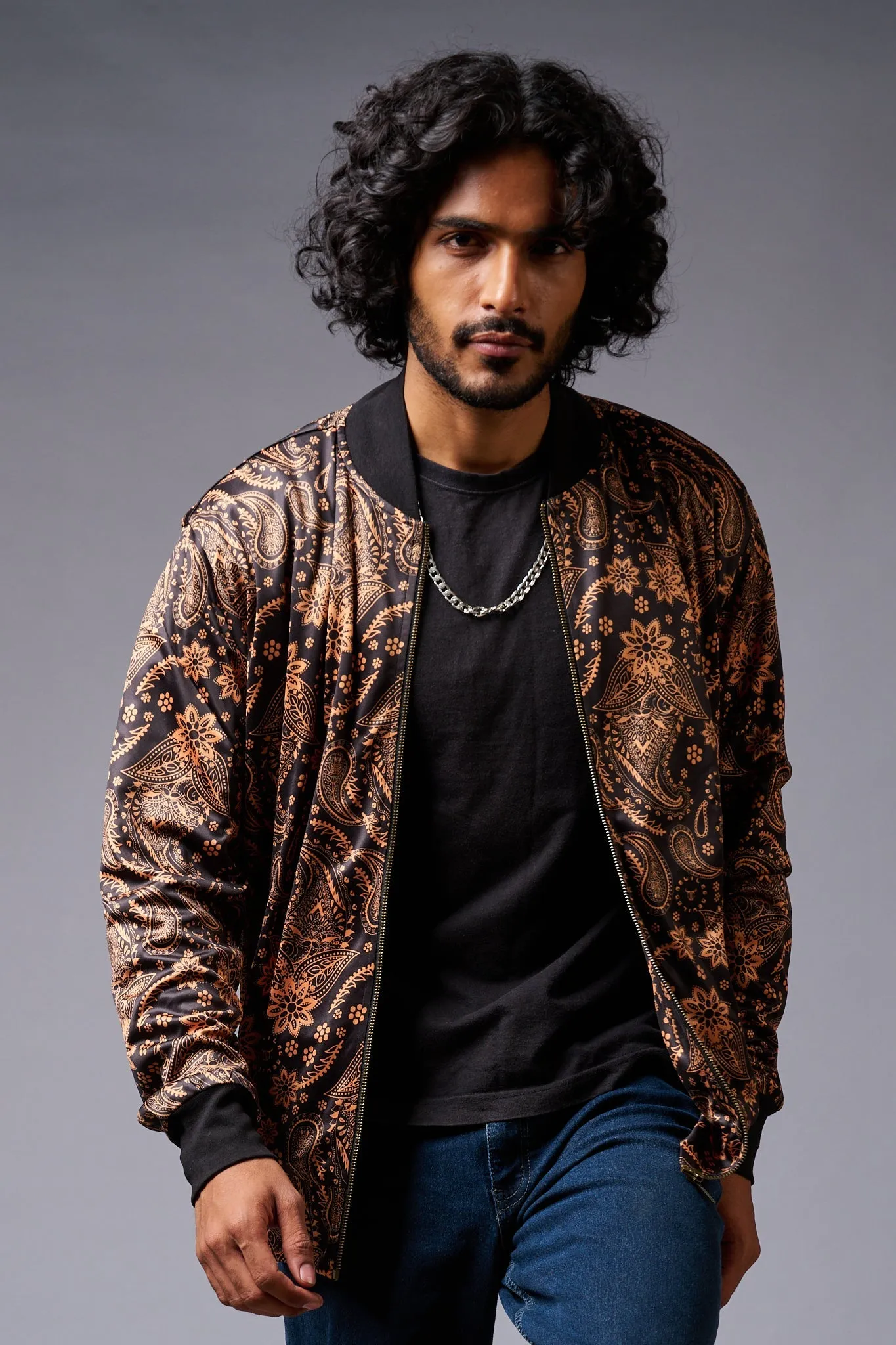 Paisely Design Printed (in brown) Black Bomber Jacket for Men