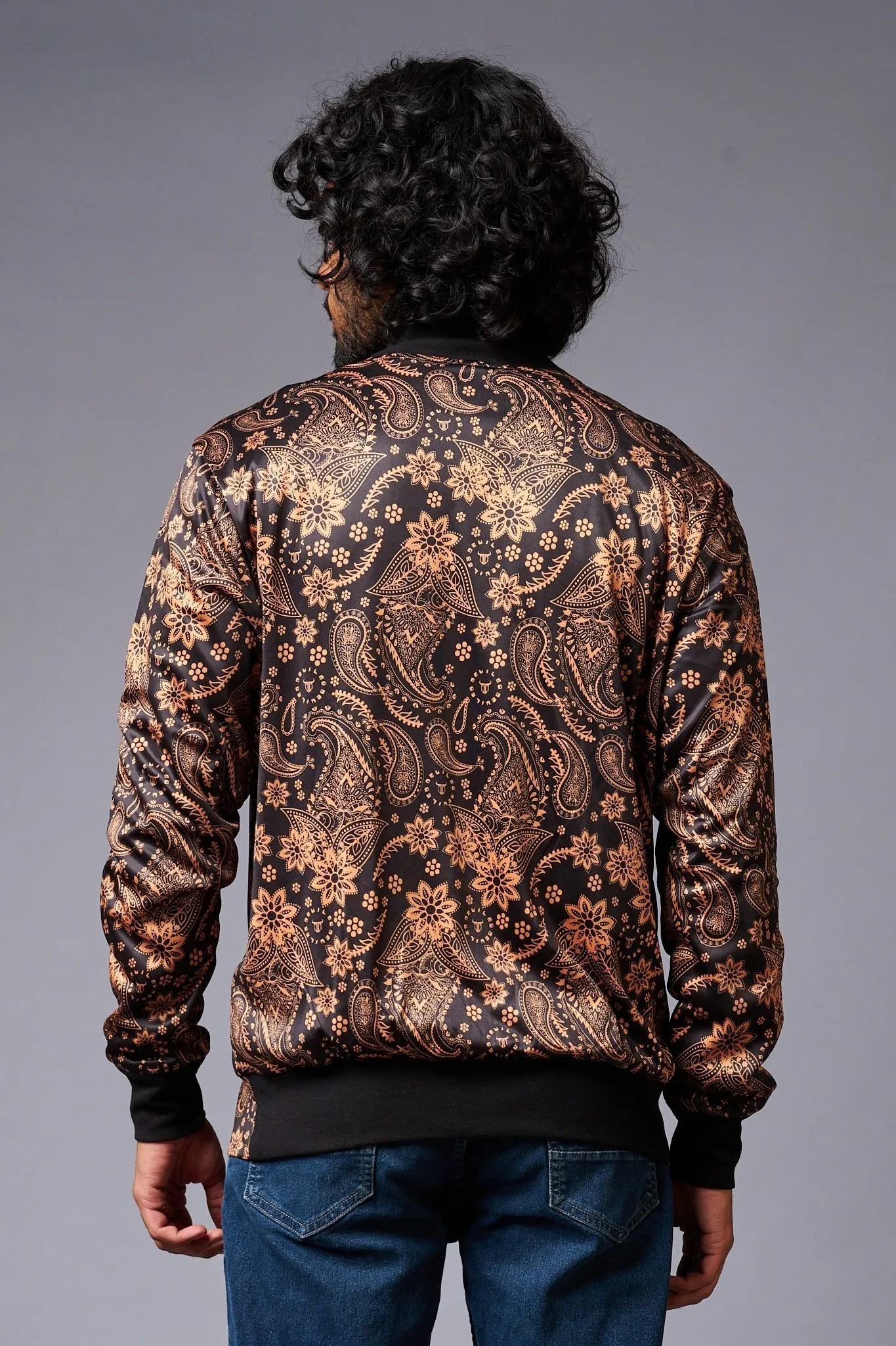 Paisely Design Printed (in brown) Black Bomber Jacket for Men