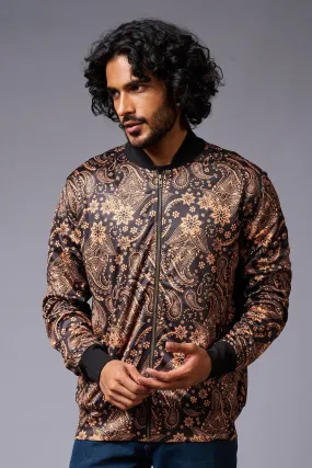 Paisely Design Printed (in brown) Black Bomber Jacket for Men