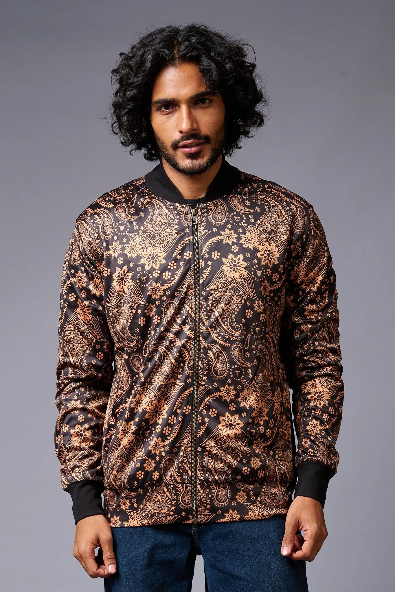 Paisely Design Printed (in brown) Black Bomber Jacket for Men