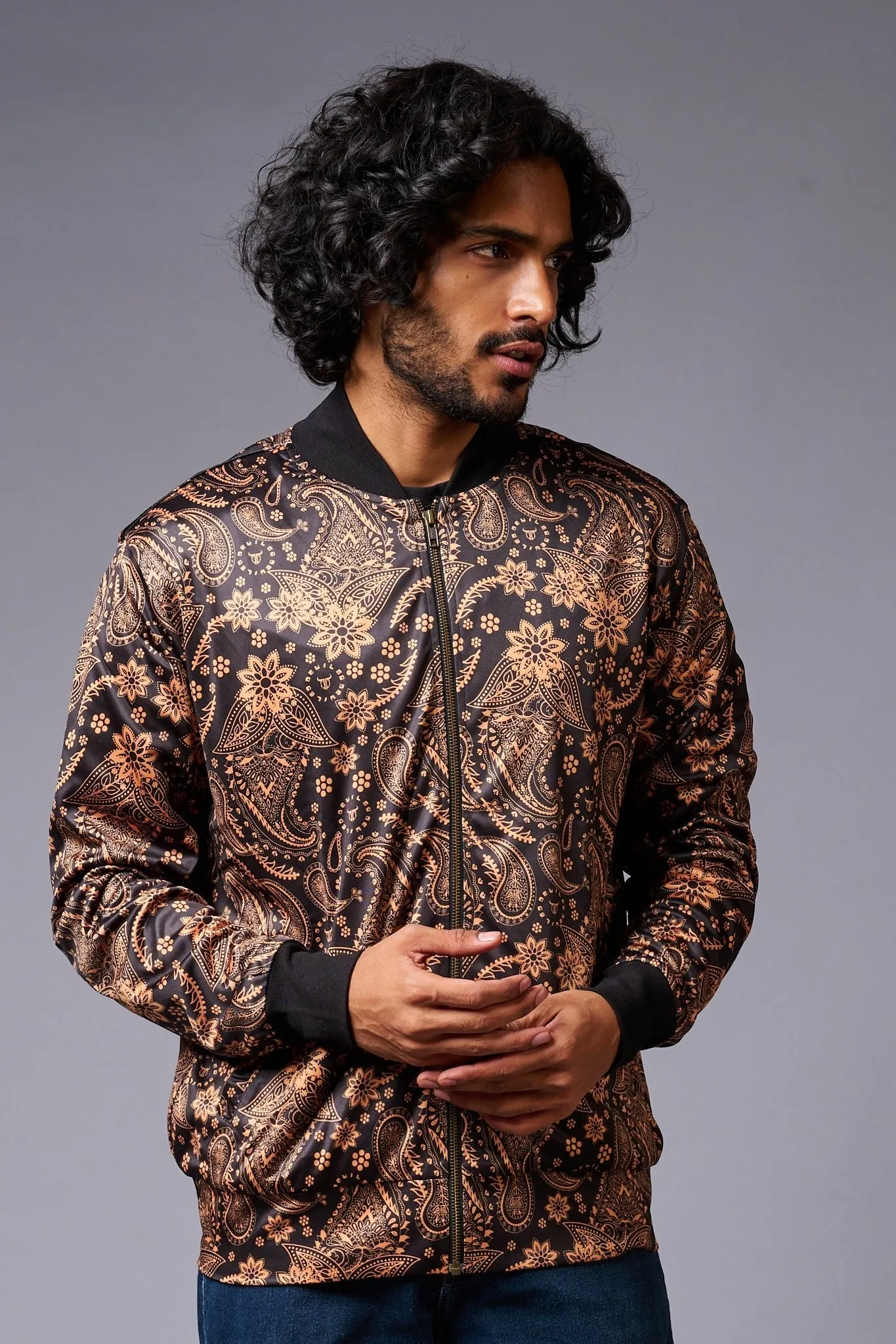 Paisely Design Printed (in brown) Black Bomber Jacket for Men