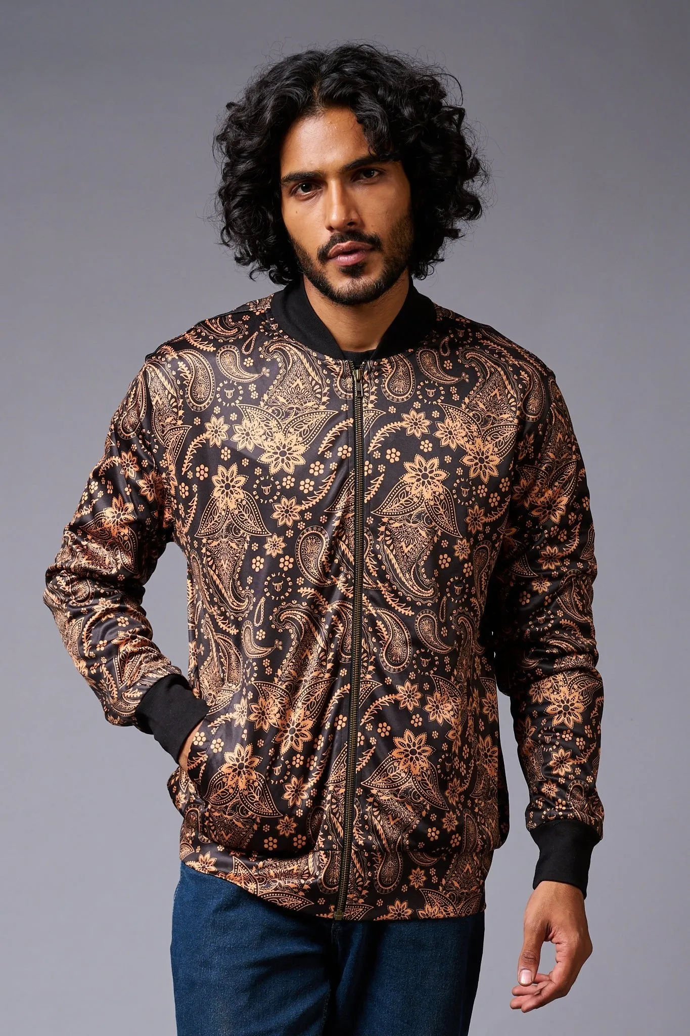 Paisely Design Printed (in brown) Black Bomber Jacket for Men