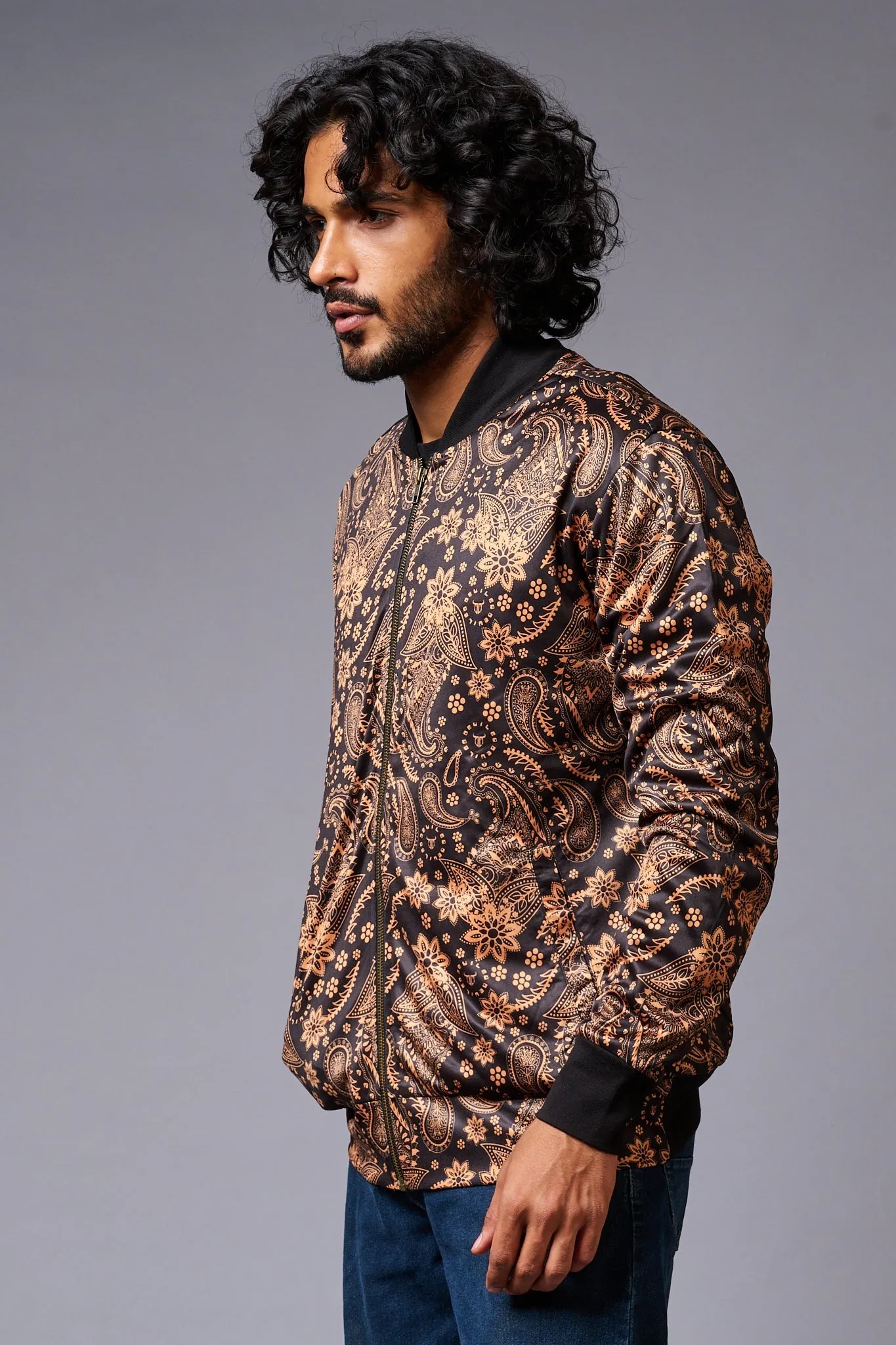 Paisely Design Printed (in brown) Black Bomber Jacket for Men