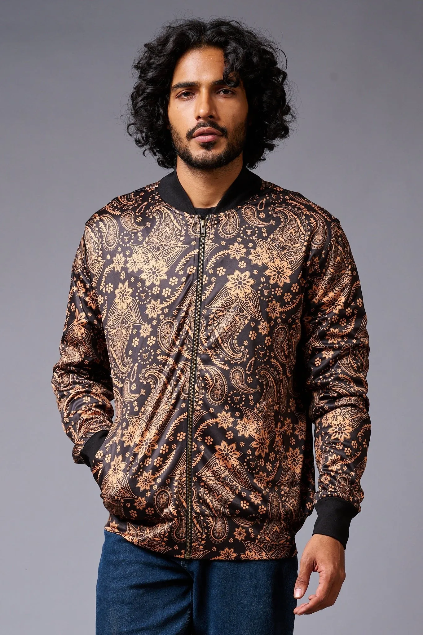 Paisely Design Printed (in brown) Black Bomber Jacket for Men