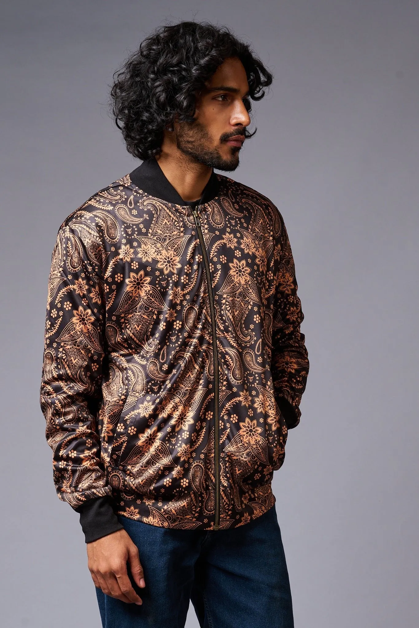 Paisely Design Printed (in brown) Black Bomber Jacket for Men