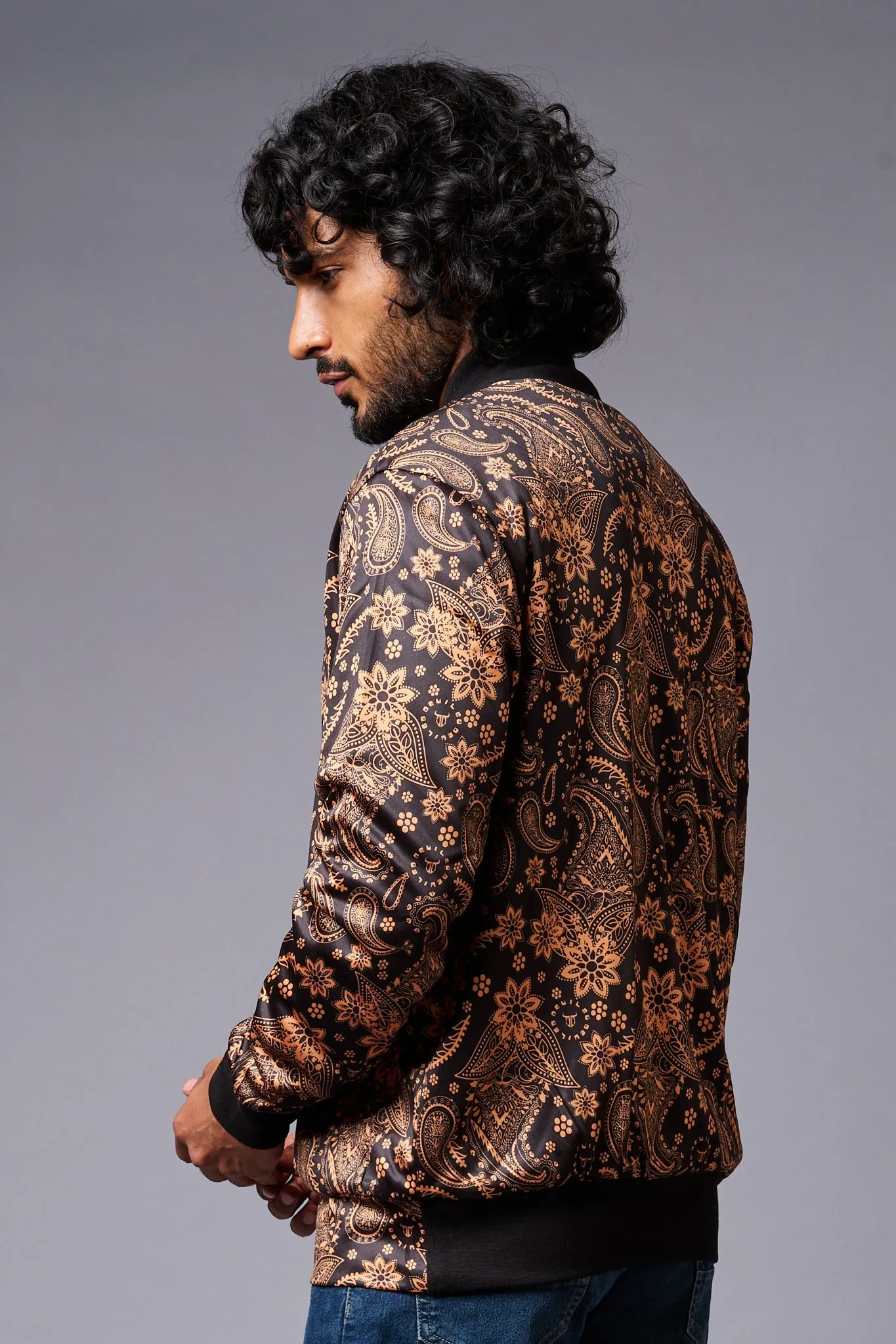 Paisely Design Printed (in brown) Black Bomber Jacket for Men