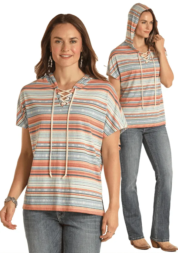 Panhandle Aztec Coral Serape Short Sleeve Hoodie WLWT94R1DG