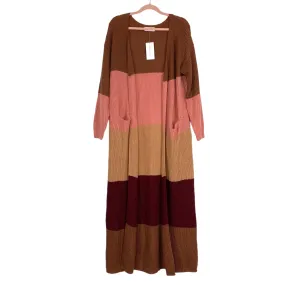 Paris to Jena Brown/Blush/Wine Open Knit Sweater Duster Cardigan NWT- Size M