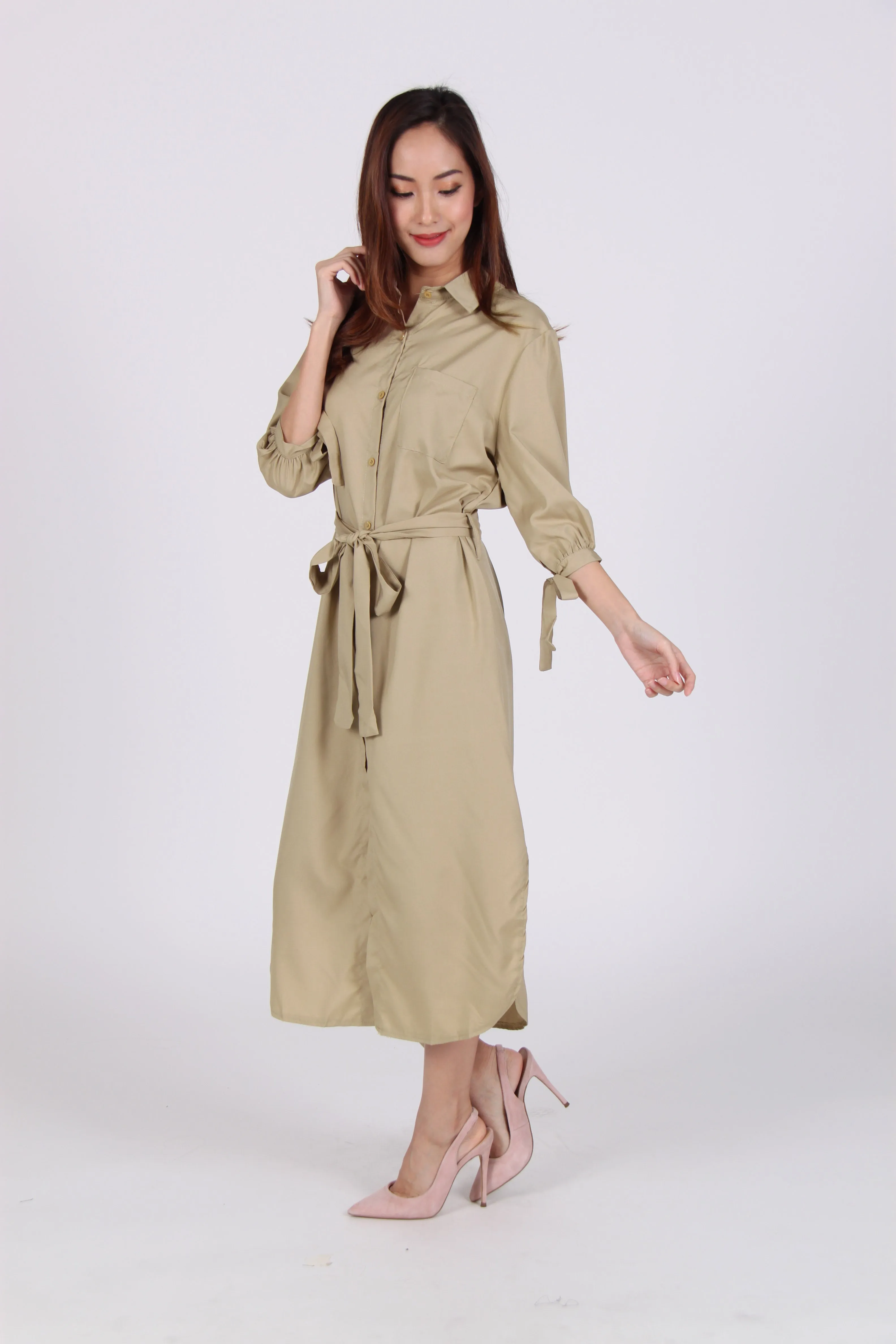 Pocket Sleeve Tie Midi Shirt Dress in Beige