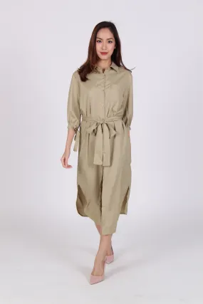 Pocket Sleeve Tie Midi Shirt Dress in Beige