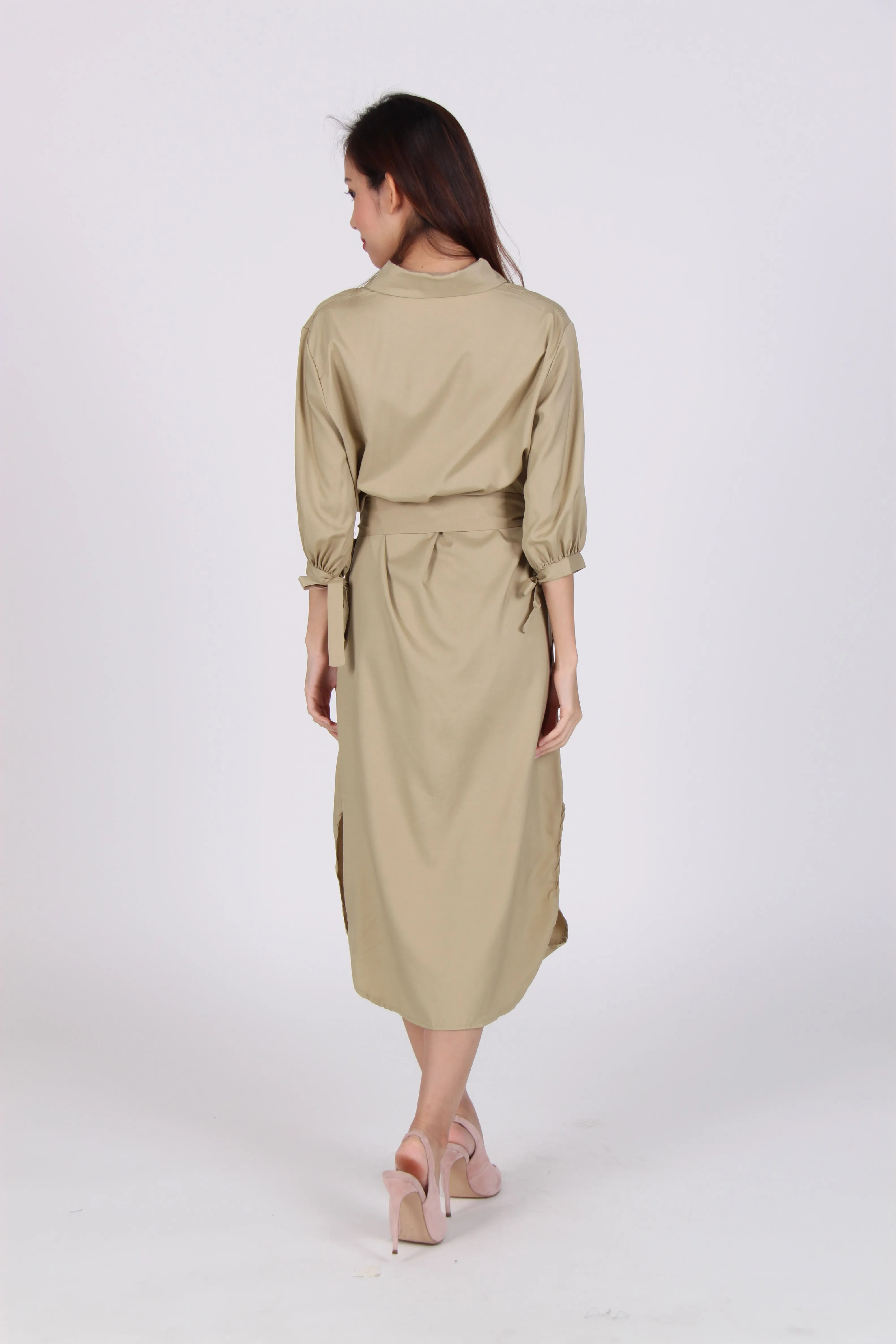 Pocket Sleeve Tie Midi Shirt Dress in Beige