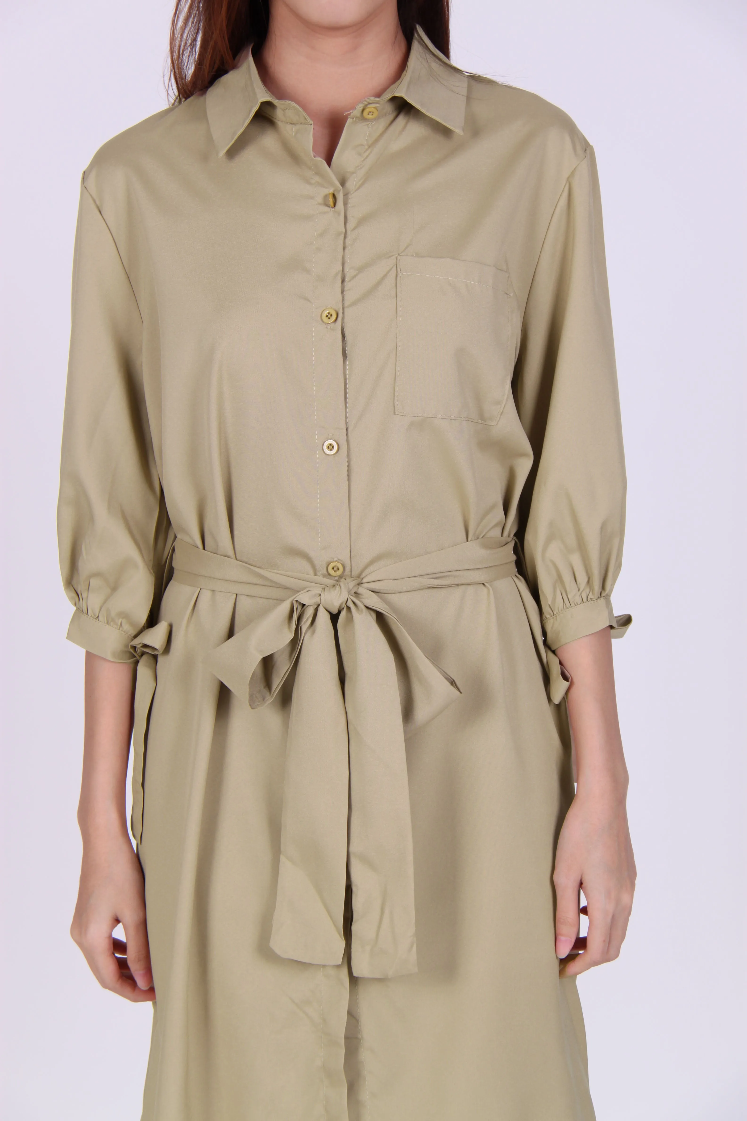 Pocket Sleeve Tie Midi Shirt Dress in Beige