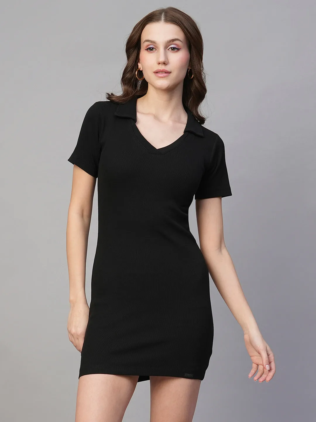 Pronk Ribbed Half Sleeve Collared Bodycon - Black