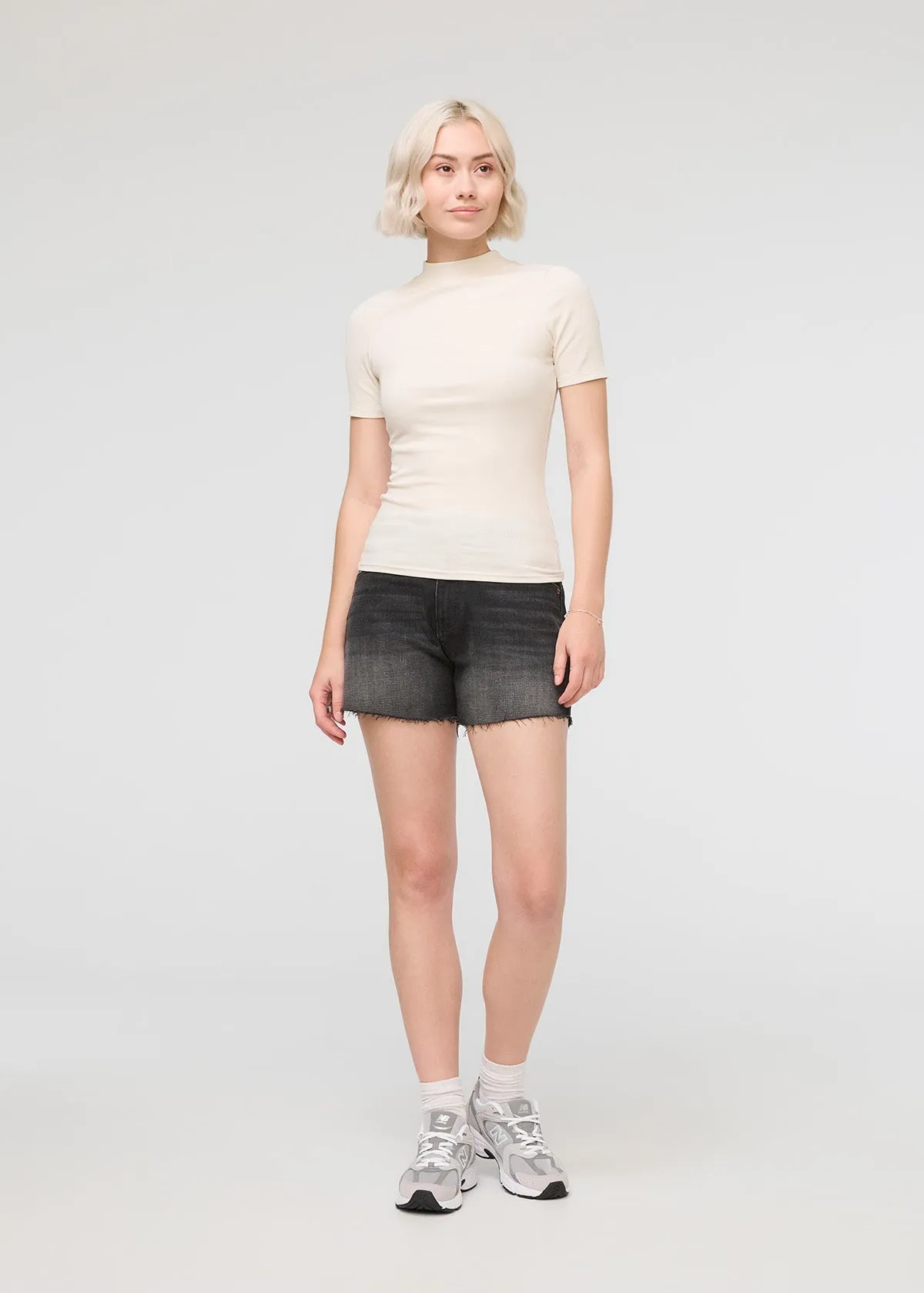 Ribbed Pima Mock Neck Tee - Ecru