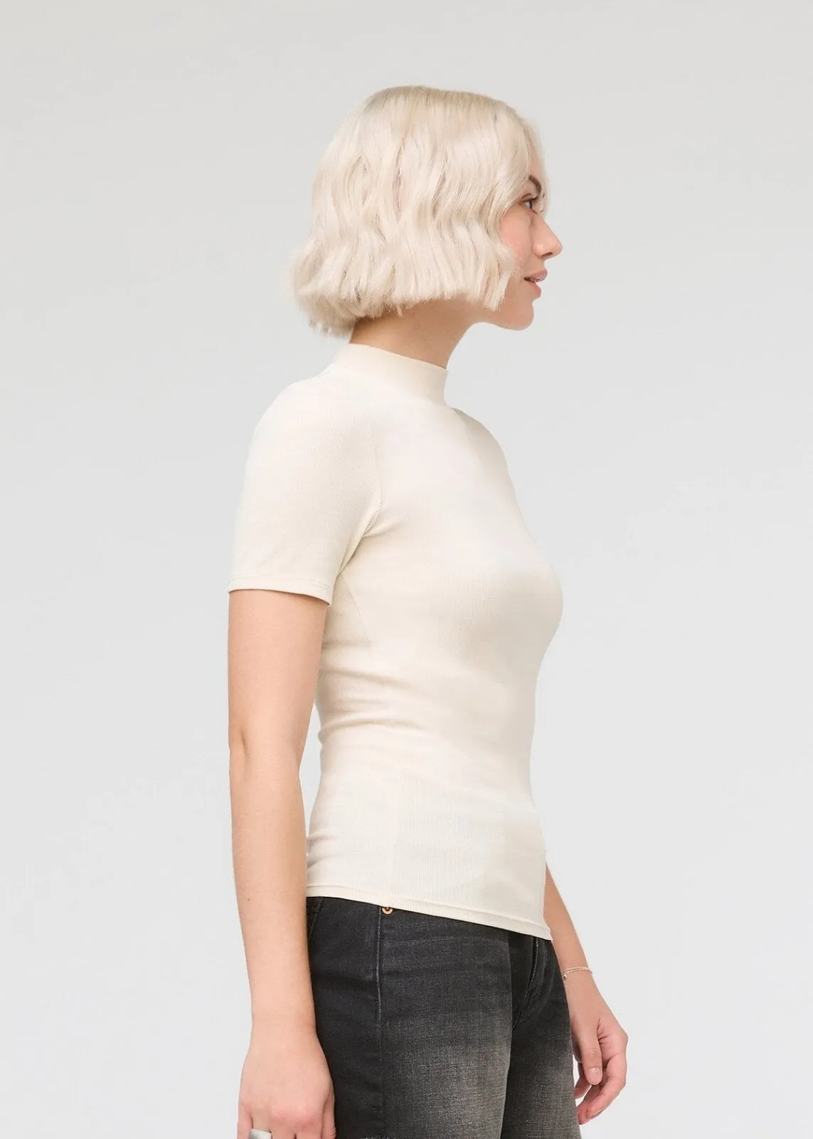 Ribbed Pima Mock Neck Tee - Ecru