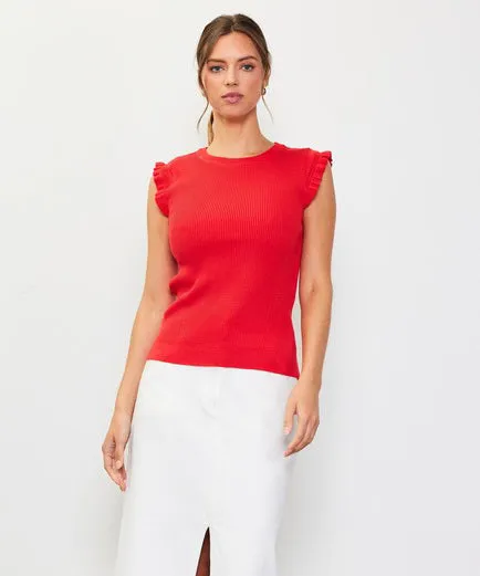 Ruffle Sleeve Knit Top - Poppy Red