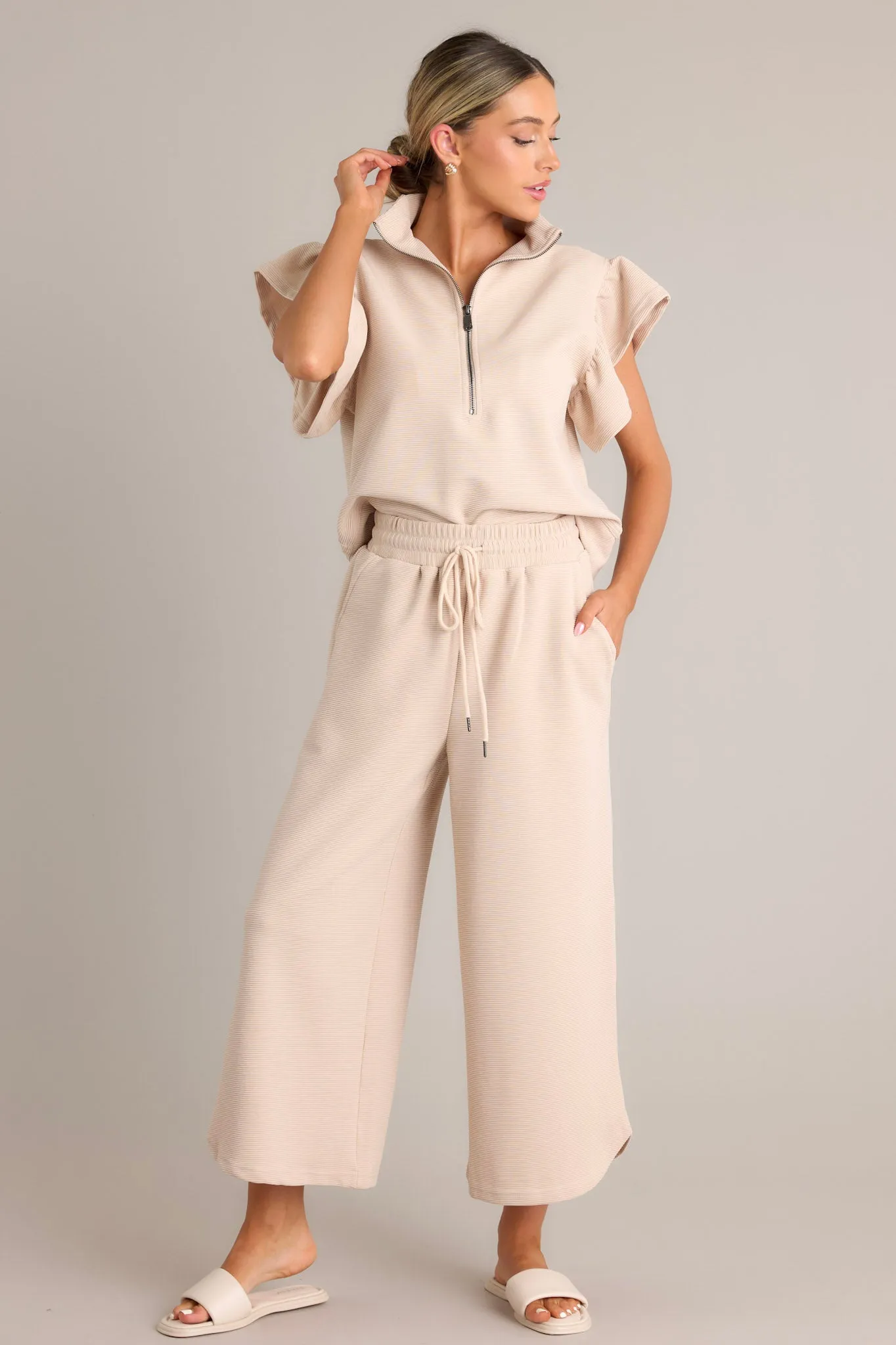 Sand Dune Tan Ribbed Wide Leg Pants