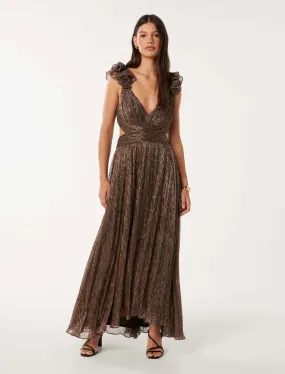 Selena Plisse Ruffle Shoulder Maxi Dress