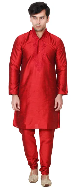 Silk Embroidered Mens Kurta Pajama India Clothing (Maroon)