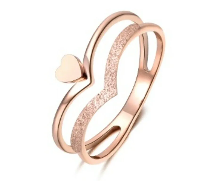 Solid Rose Gold Ring Simple Double Band Heart Symbol Design SM5