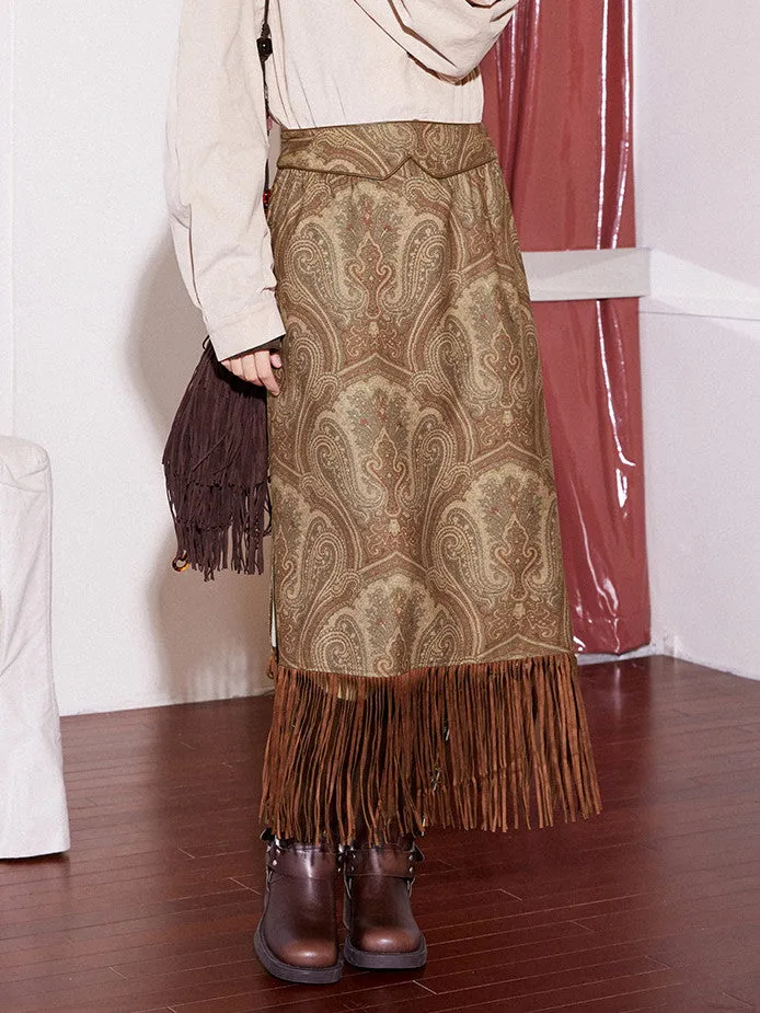 Suede Paisley Fringe Tassel Ethnic Long-Skirt