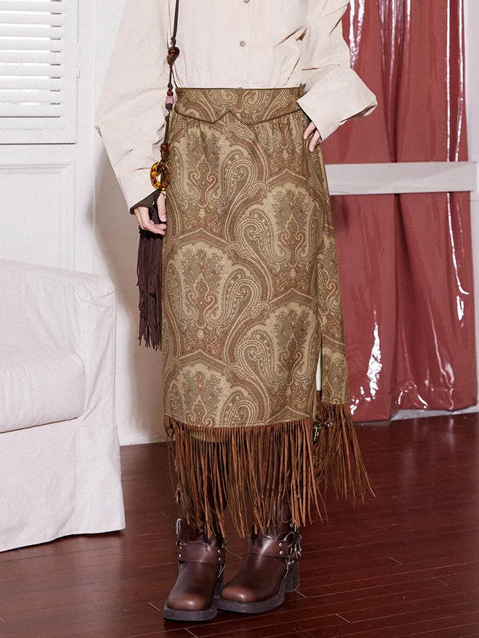 Suede Paisley Fringe Tassel Ethnic Long-Skirt