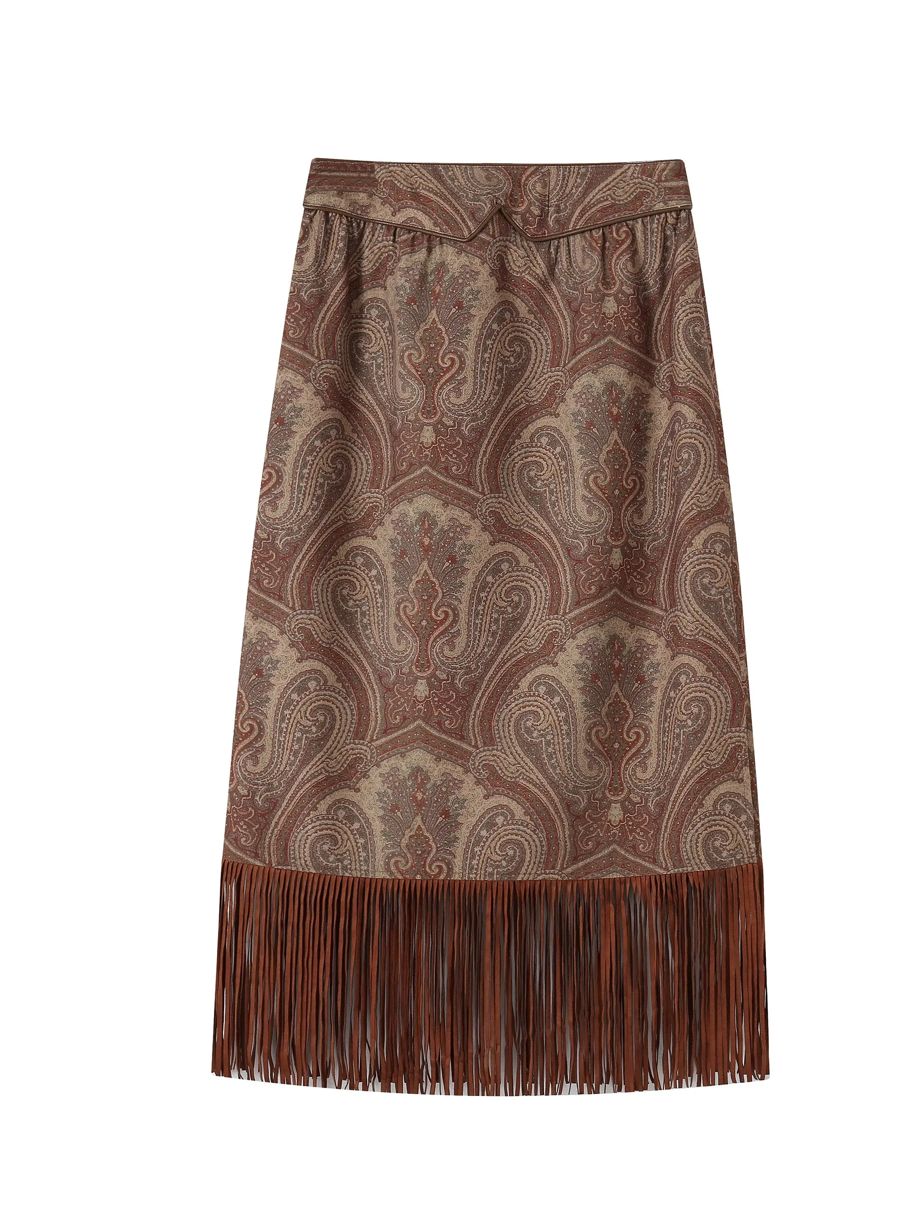 Suede Paisley Fringe Tassel Ethnic Long-Skirt