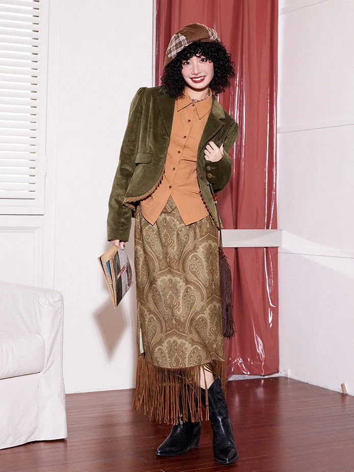 Suede Paisley Fringe Tassel Ethnic Long-Skirt