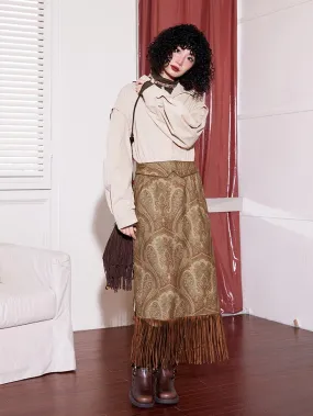 Suede Paisley Fringe Tassel Ethnic Long-Skirt