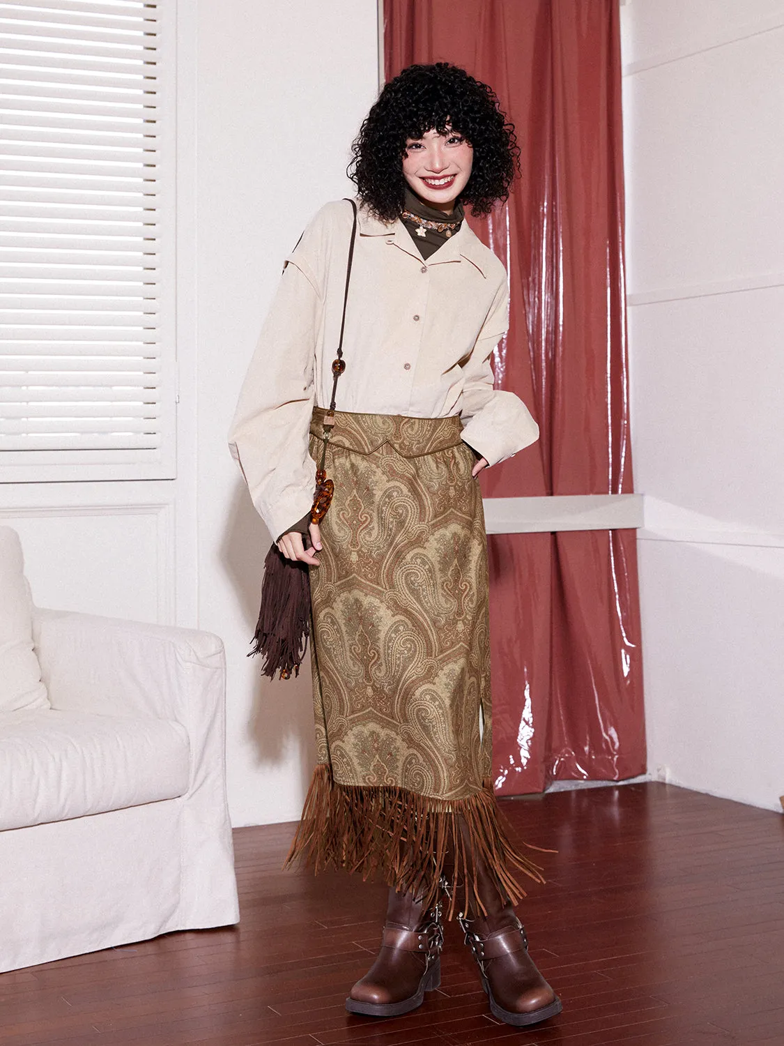 Suede Paisley Fringe Tassel Ethnic Long-Skirt