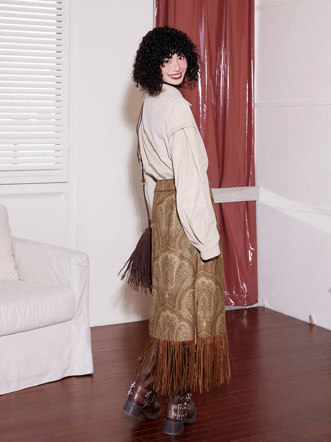 Suede Paisley Fringe Tassel Ethnic Long-Skirt