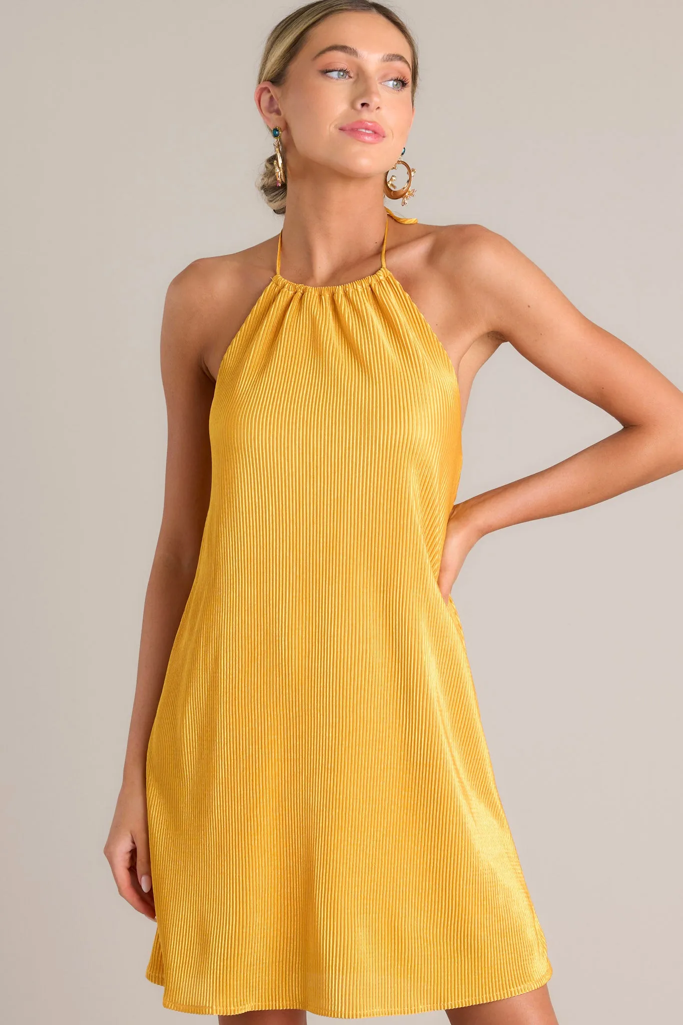 Sunbeam Splendor Goldenrod Ribbed Halter Mini Dress